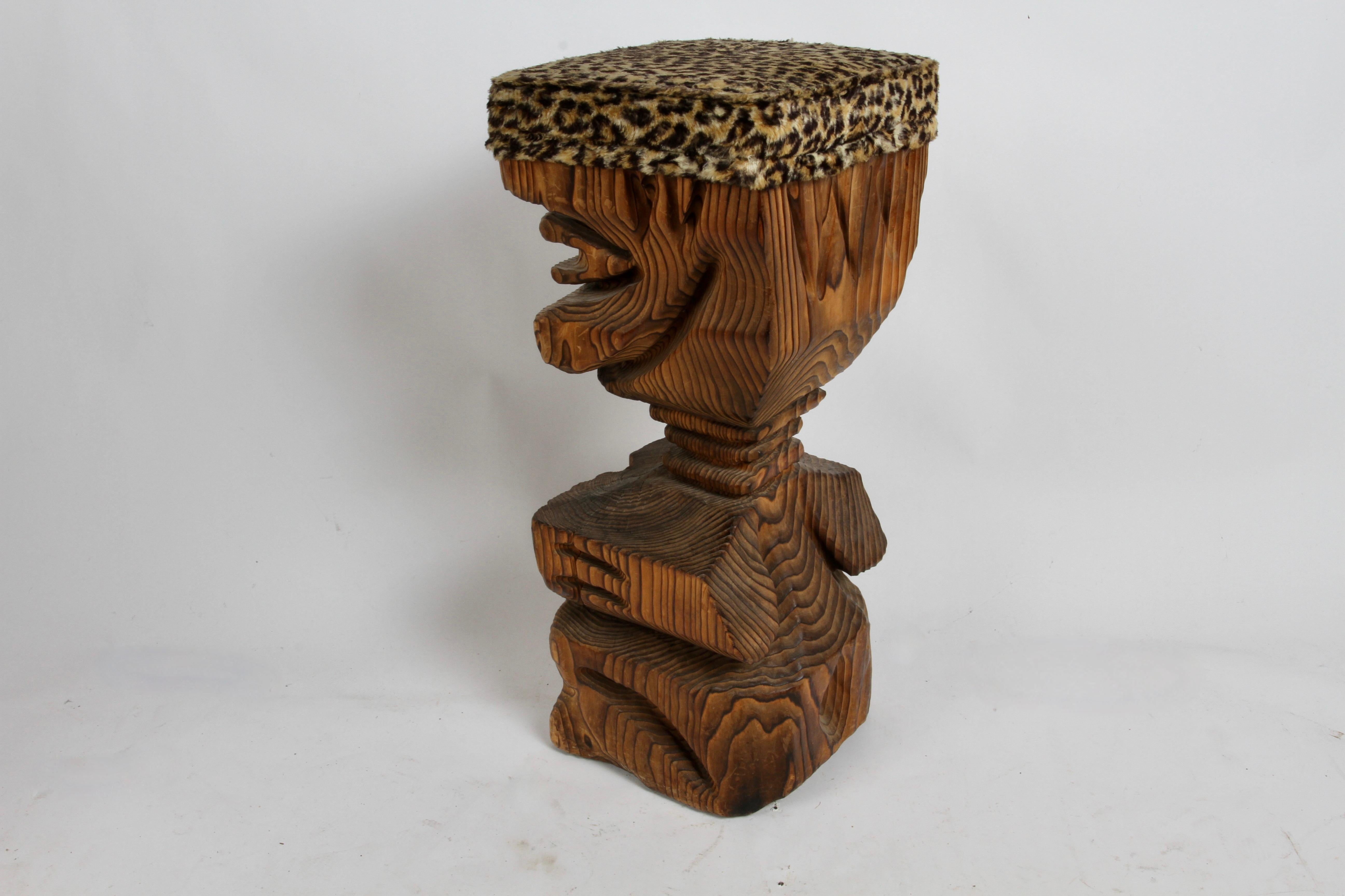 Mid Century Modern Witco Tiki Bar Carved Faced Barstool with Faux Leopard Seat For Sale 3