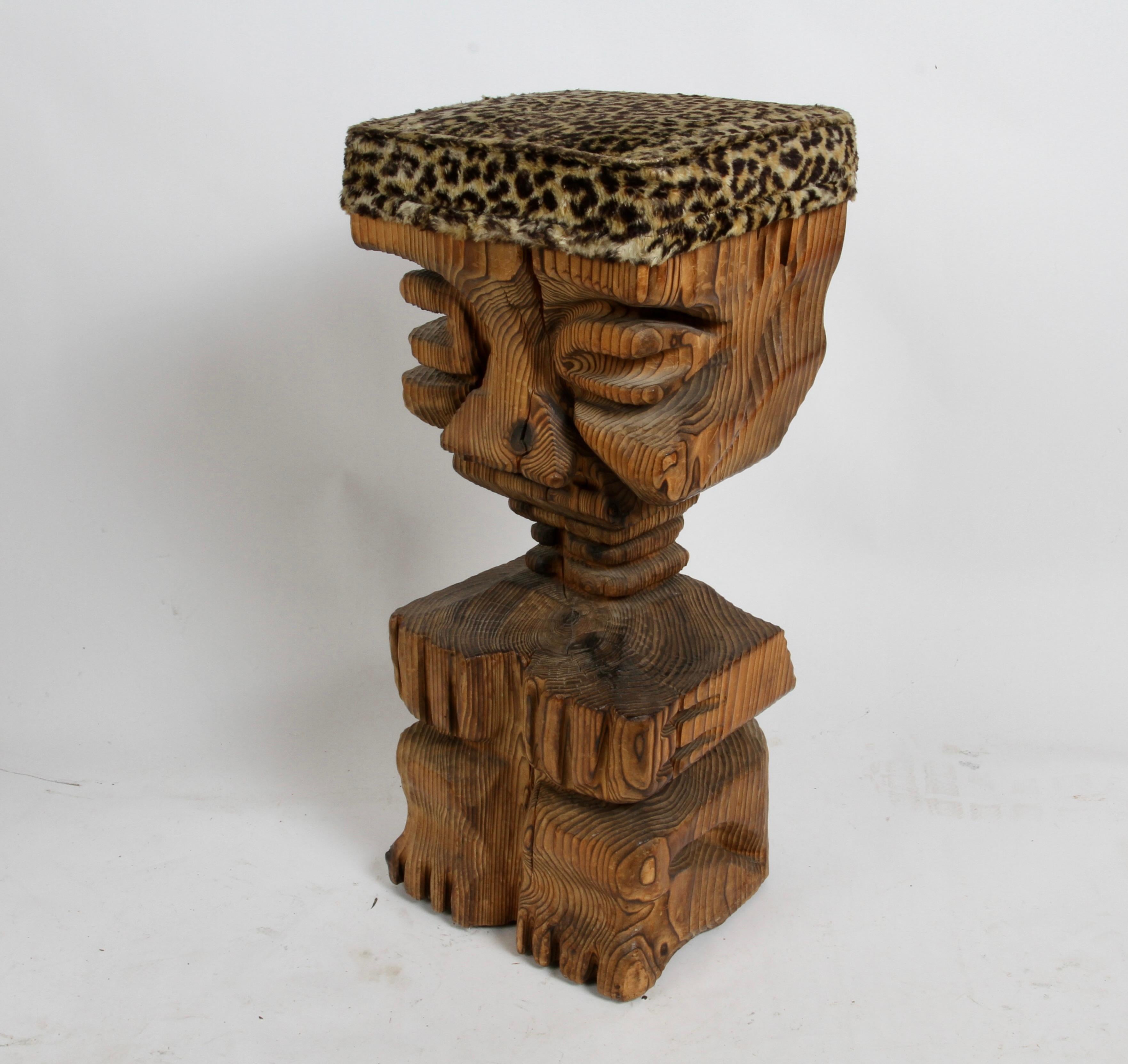 Mid Century Modern Witco Tiki Bar Carved Faced Barstool with Faux Leopard Seat For Sale 4