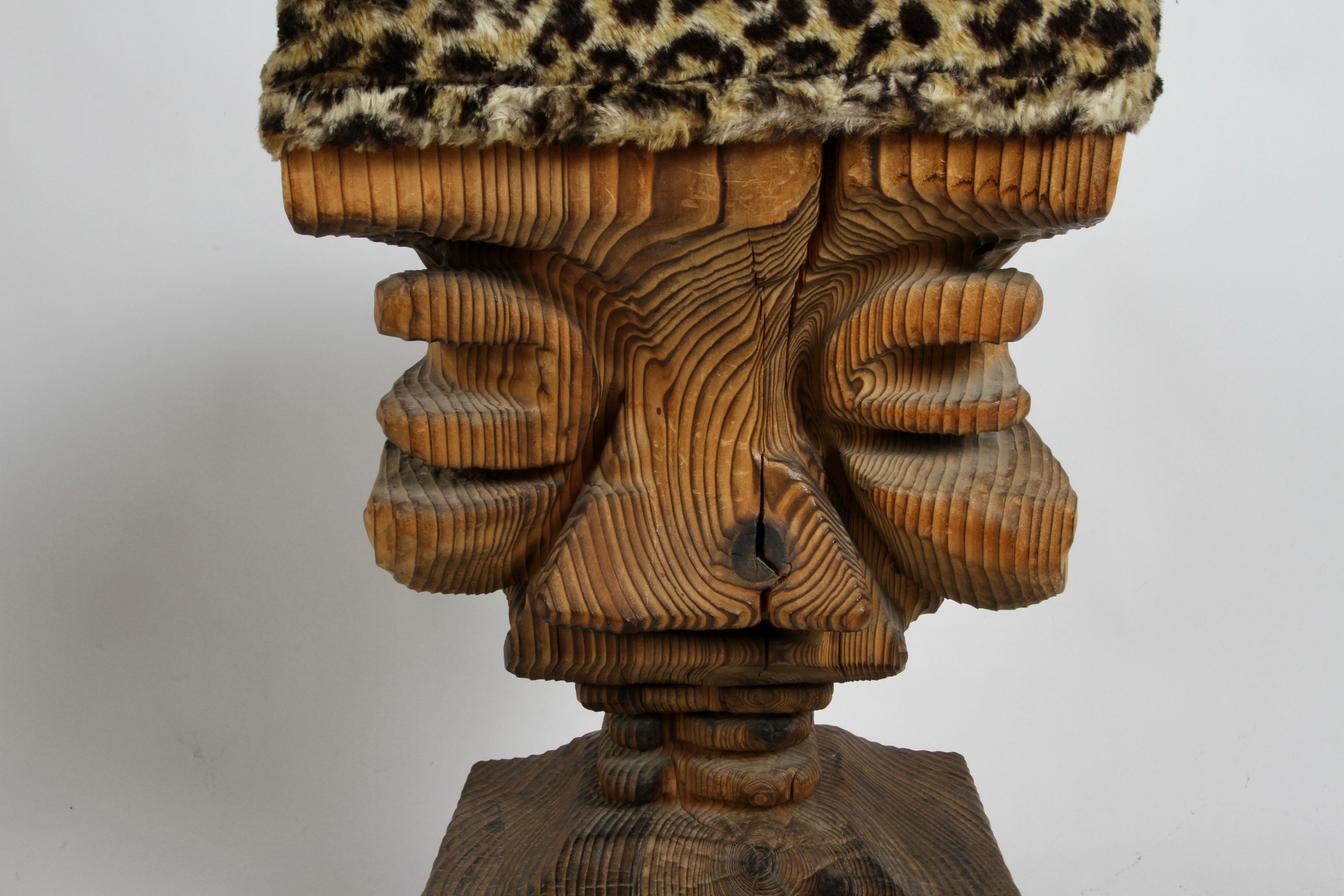 Mid Century Modern Witco Tiki Bar Carved Faced Barstool with Faux Leopard Seat 4