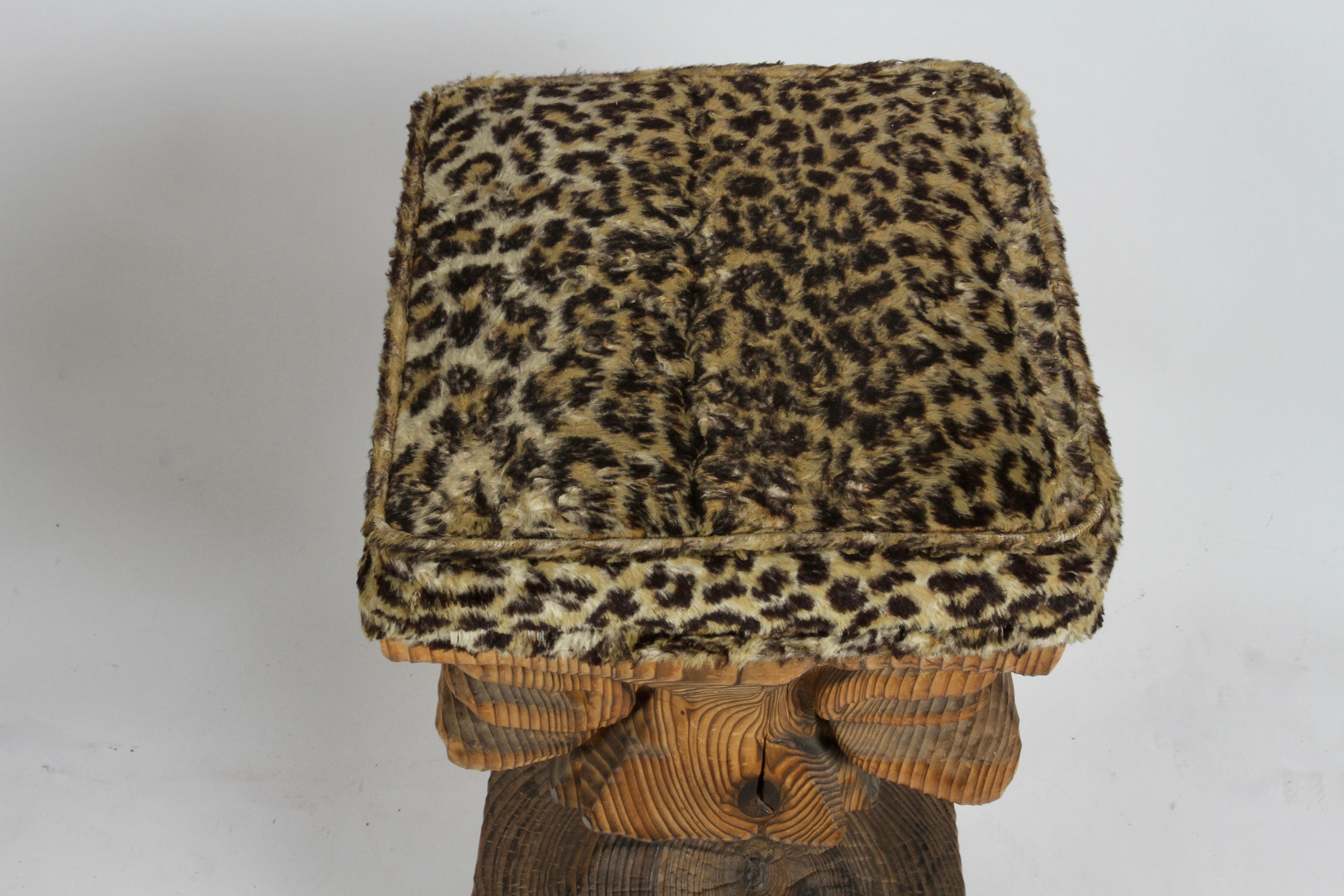 Mid Century Modern Witco Tiki Bar Carved Faced Barstool with Faux Leopard Seat For Sale 8