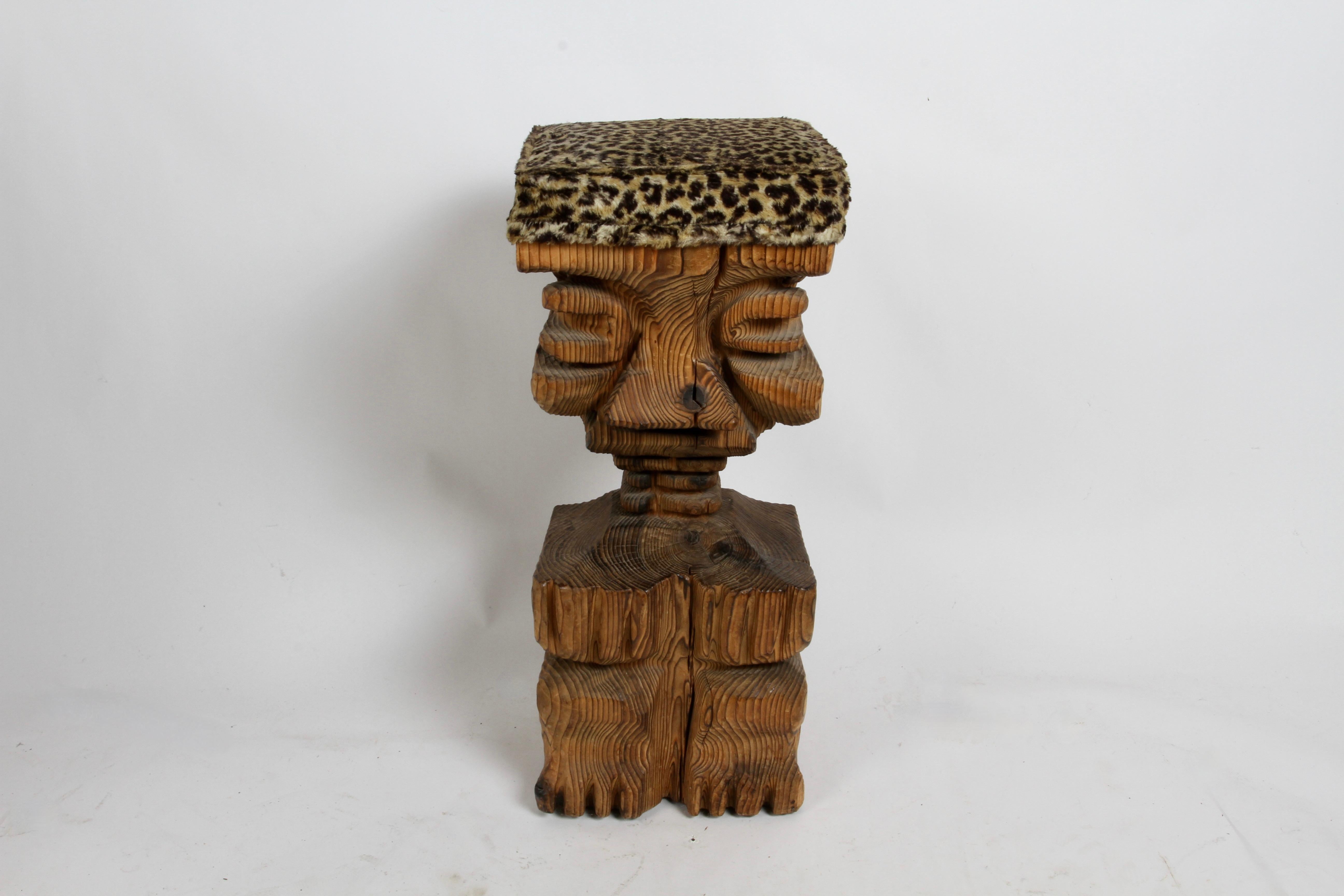 Mid-Century Modern Mid Century Modern Witco Tiki Bar Carved Faced Barstool with Faux Leopard Seat For Sale