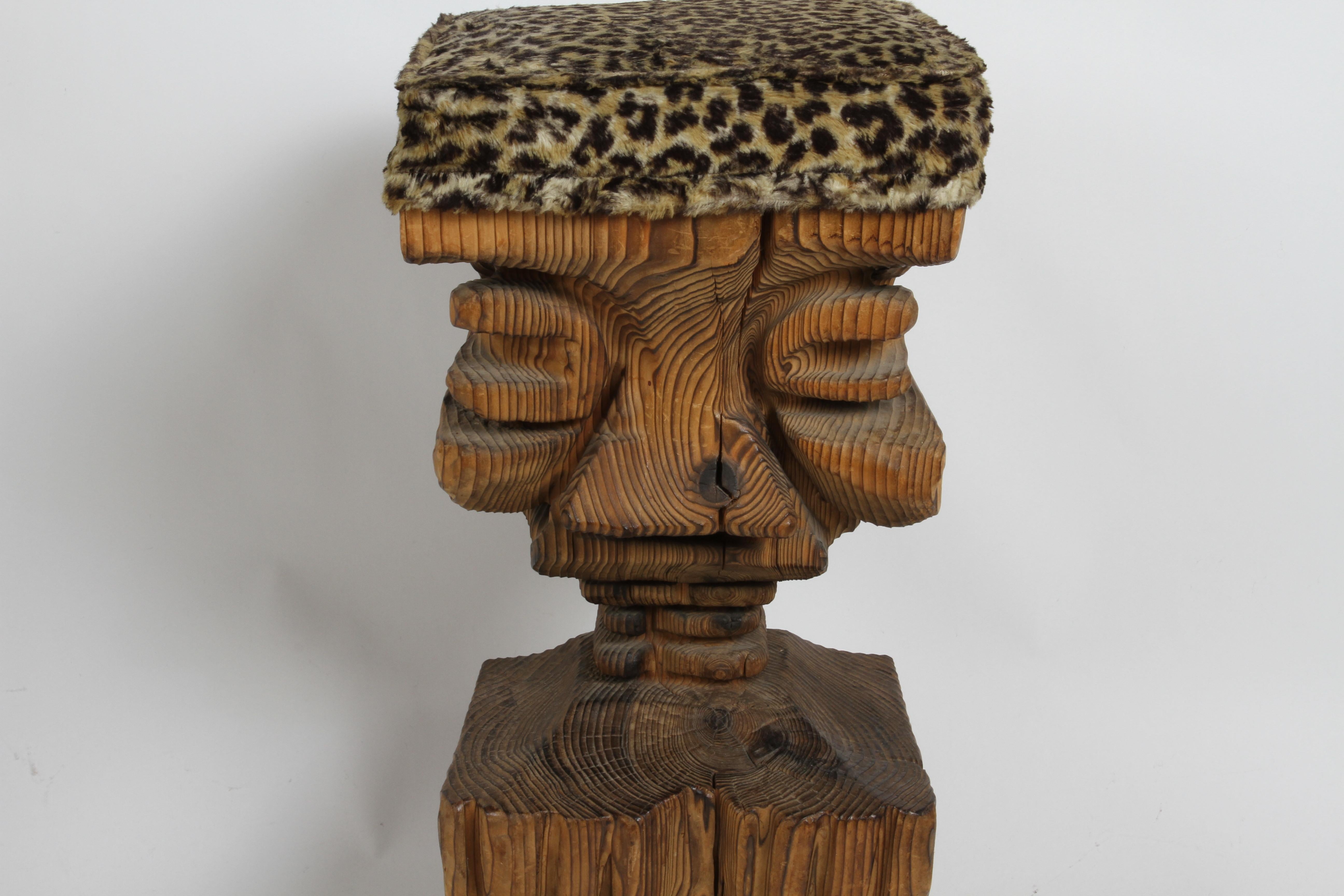 American Mid Century Modern Witco Tiki Bar Carved Faced Barstool with Faux Leopard Seat For Sale