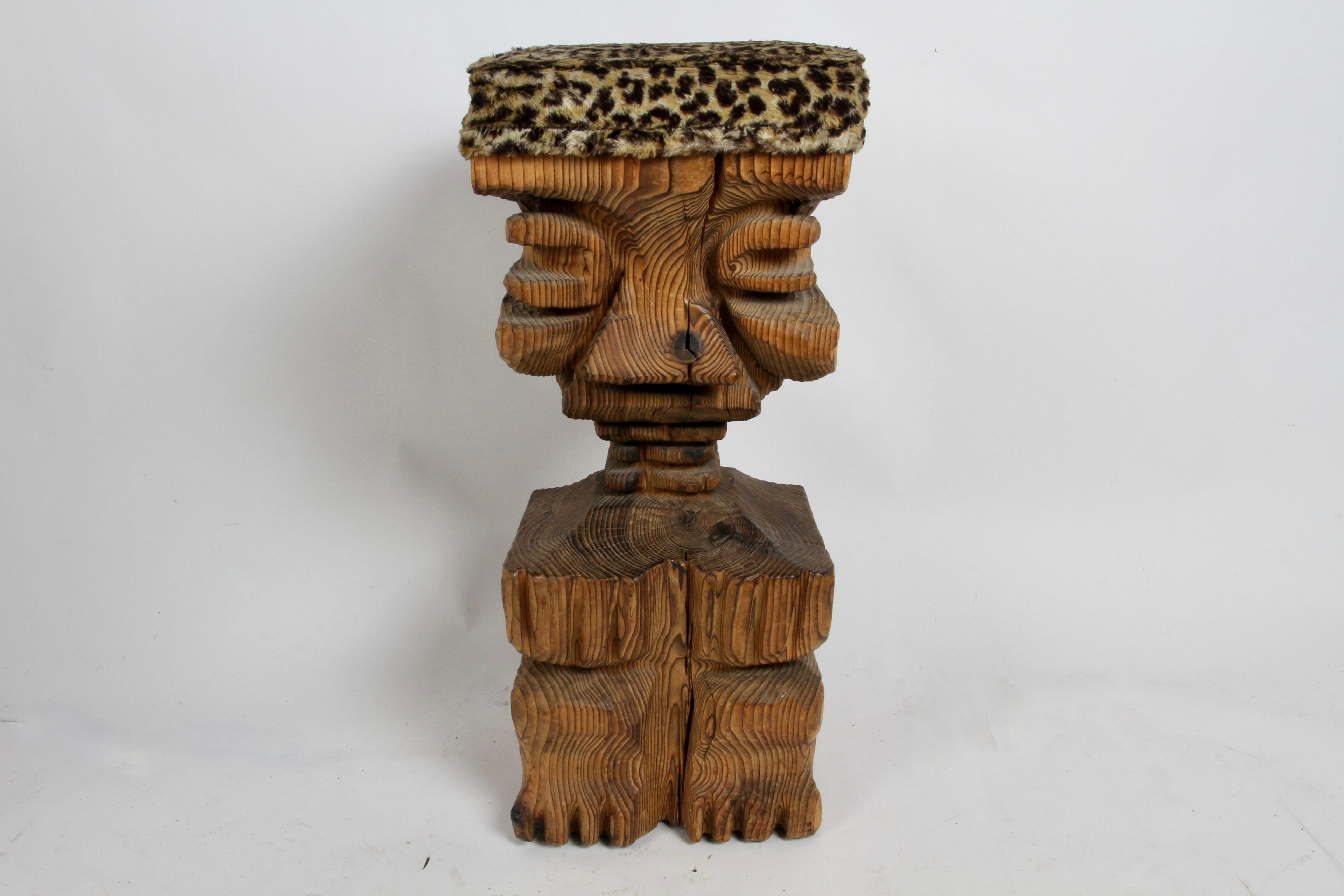 Mid Century Modern Witco Tiki Bar Carved Faced Barstool with Faux Leopard Seat In Good Condition For Sale In St. Louis, MO