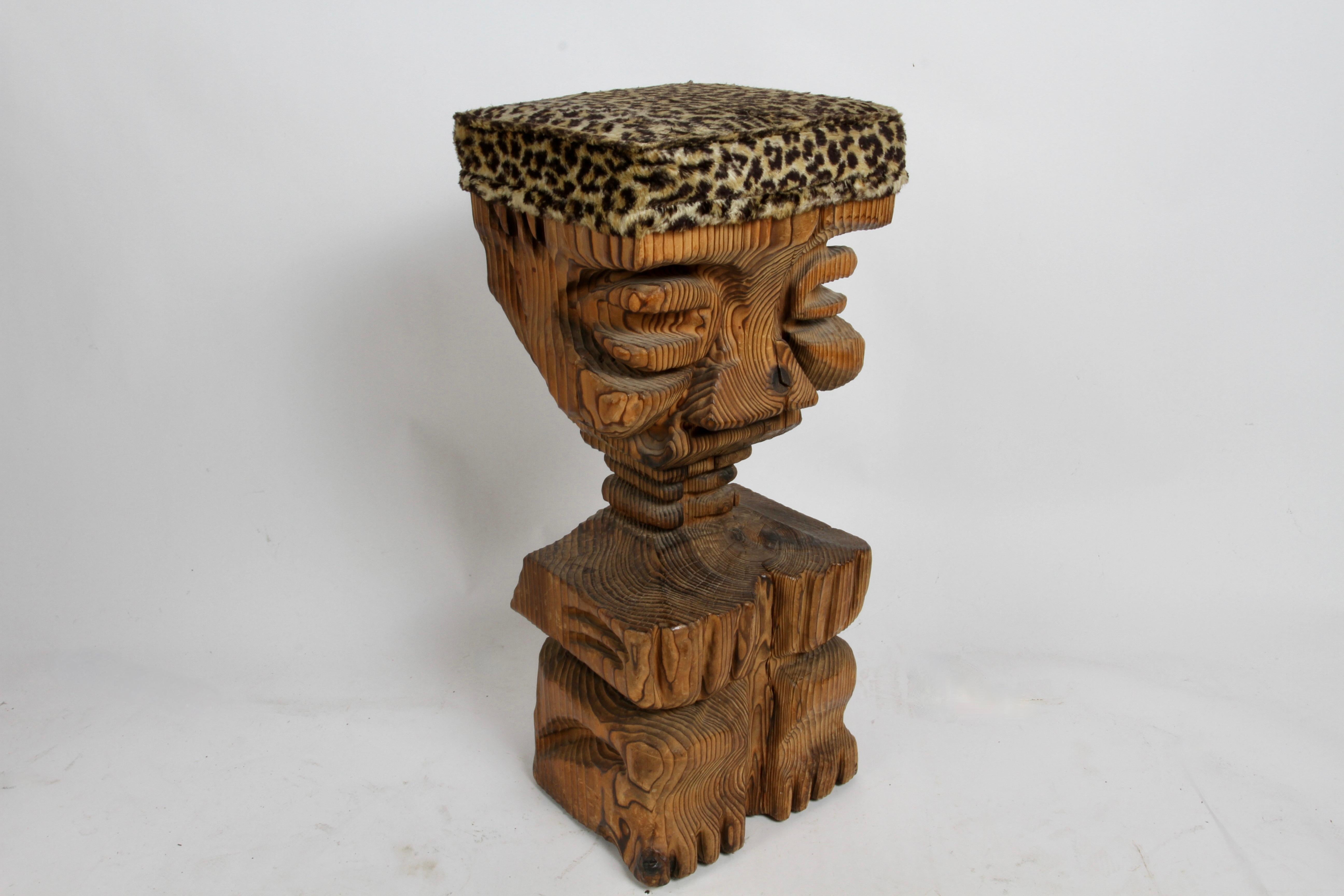 Mid-Century Modern Mid Century Modern Witco Tiki Bar Carved Faced Barstool with Faux Leopard Seat