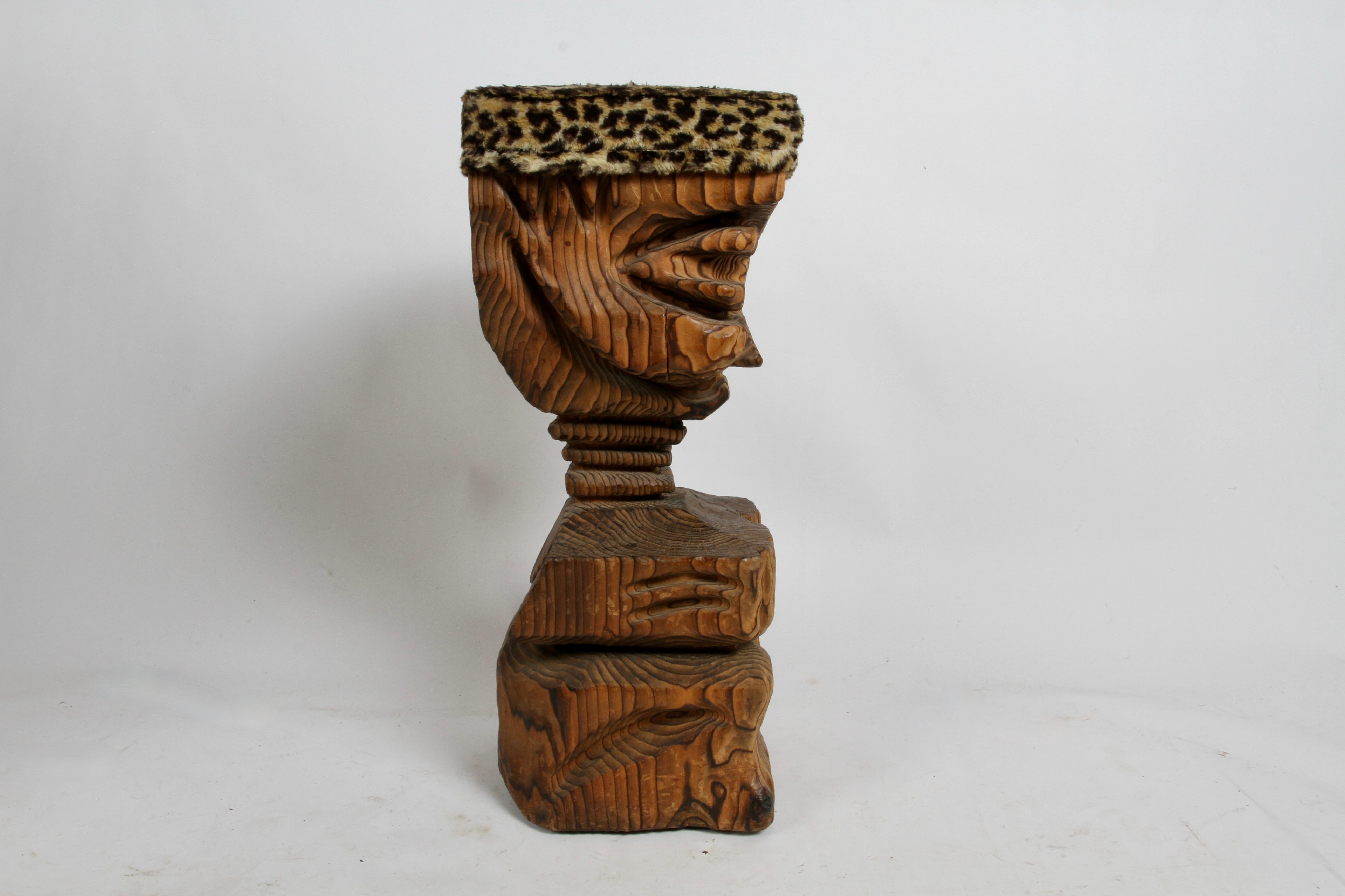 Upholstery Mid Century Modern Witco Tiki Bar Carved Faced Barstool with Faux Leopard Seat For Sale