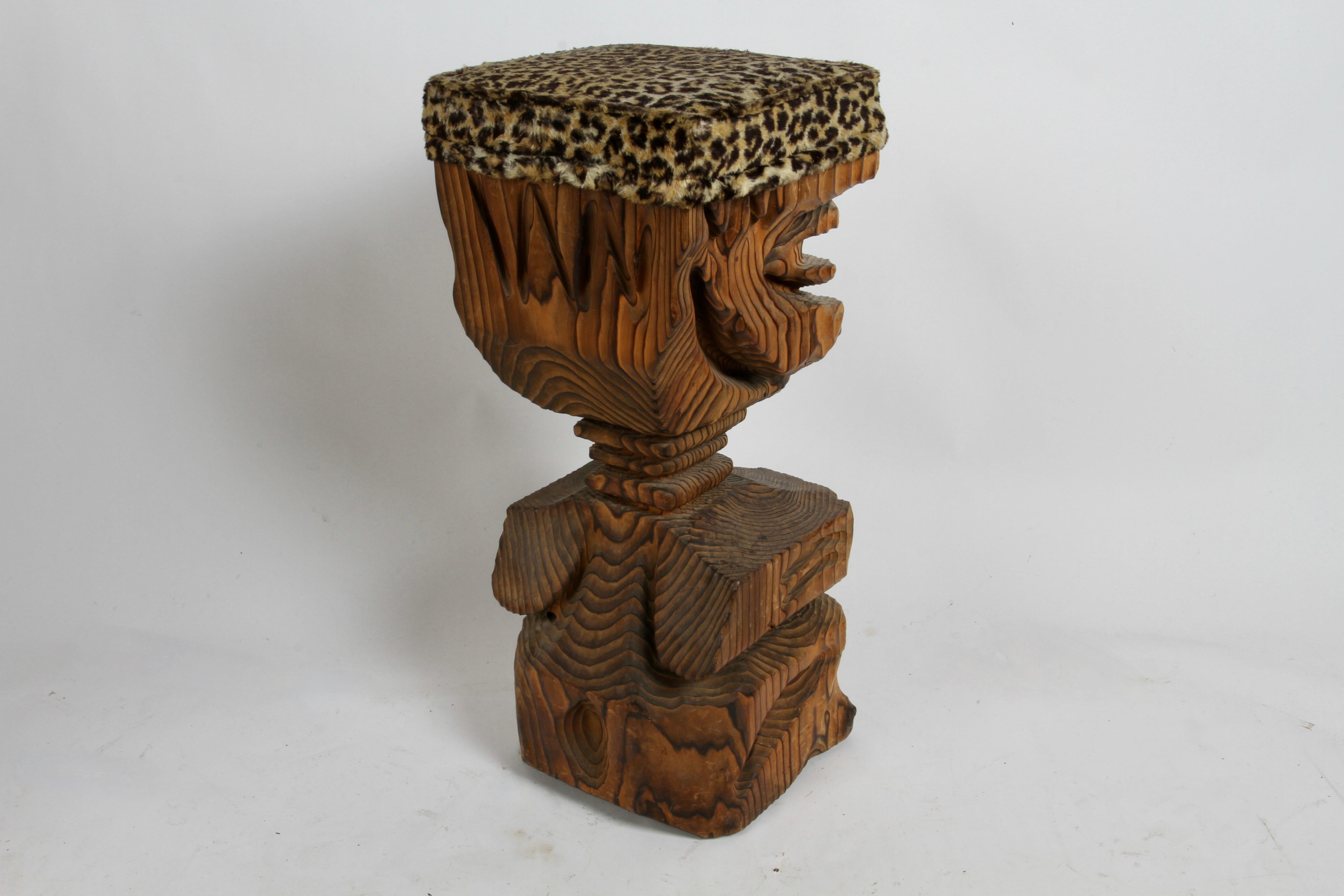 Mid Century Modern Witco Tiki Bar Carved Faced Barstool with Faux Leopard Seat For Sale 1