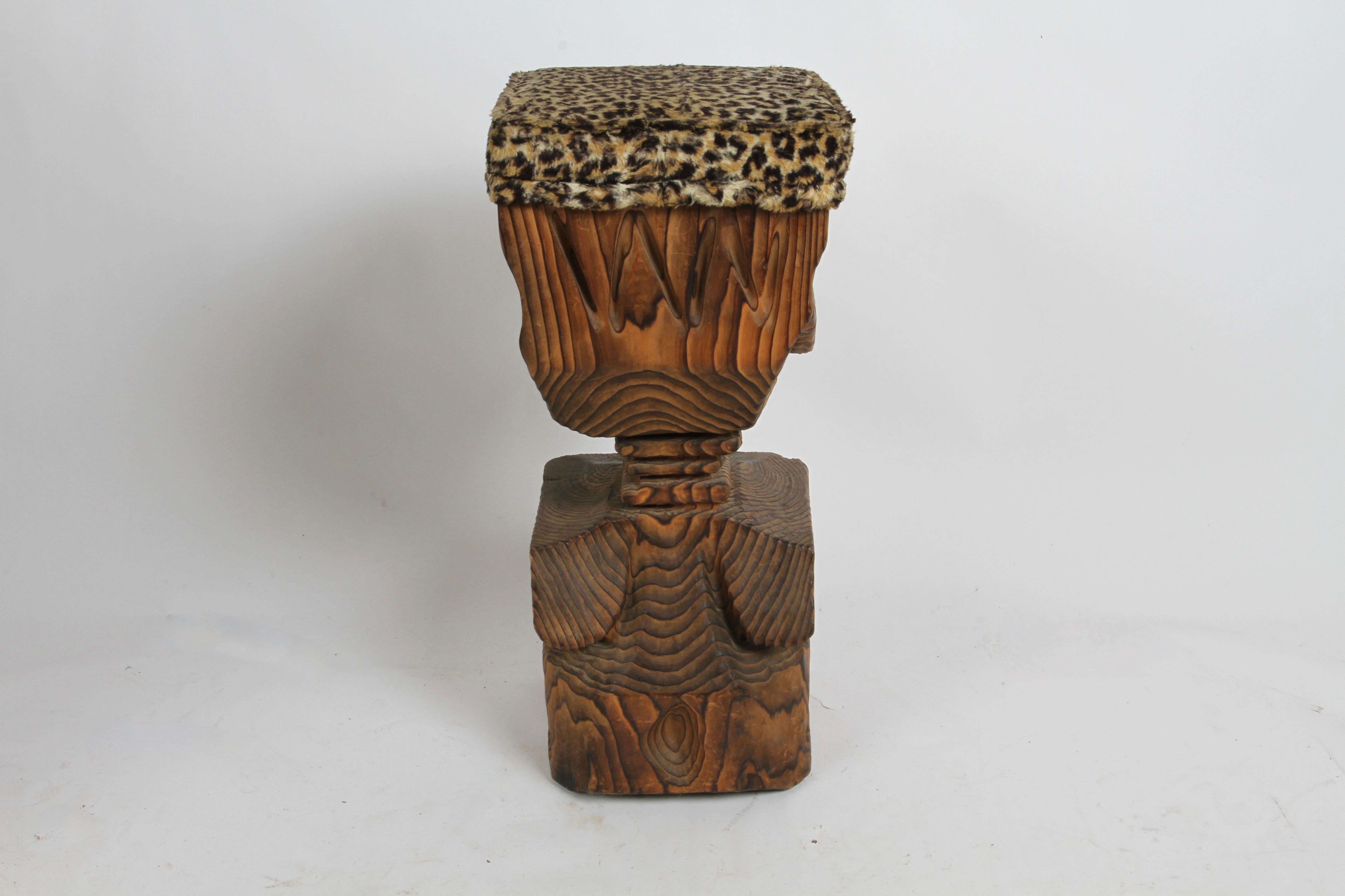 Mid-20th Century Mid Century Modern Witco Tiki Bar Carved Faced Barstool with Faux Leopard Seat