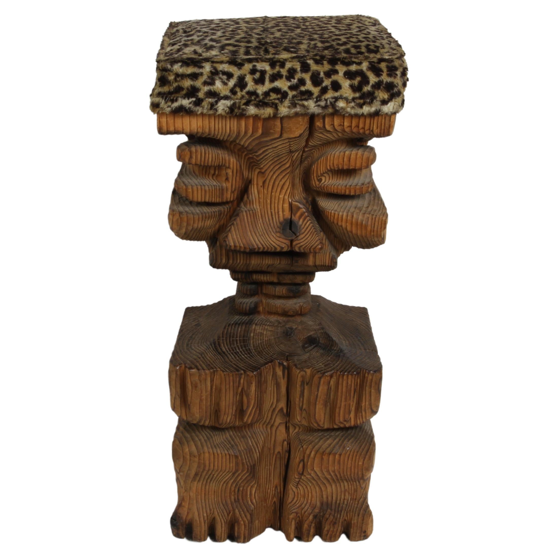 Mid Century Modern Witco Tiki Bar Carved Faced Barstool with Faux Leopard Seat For Sale