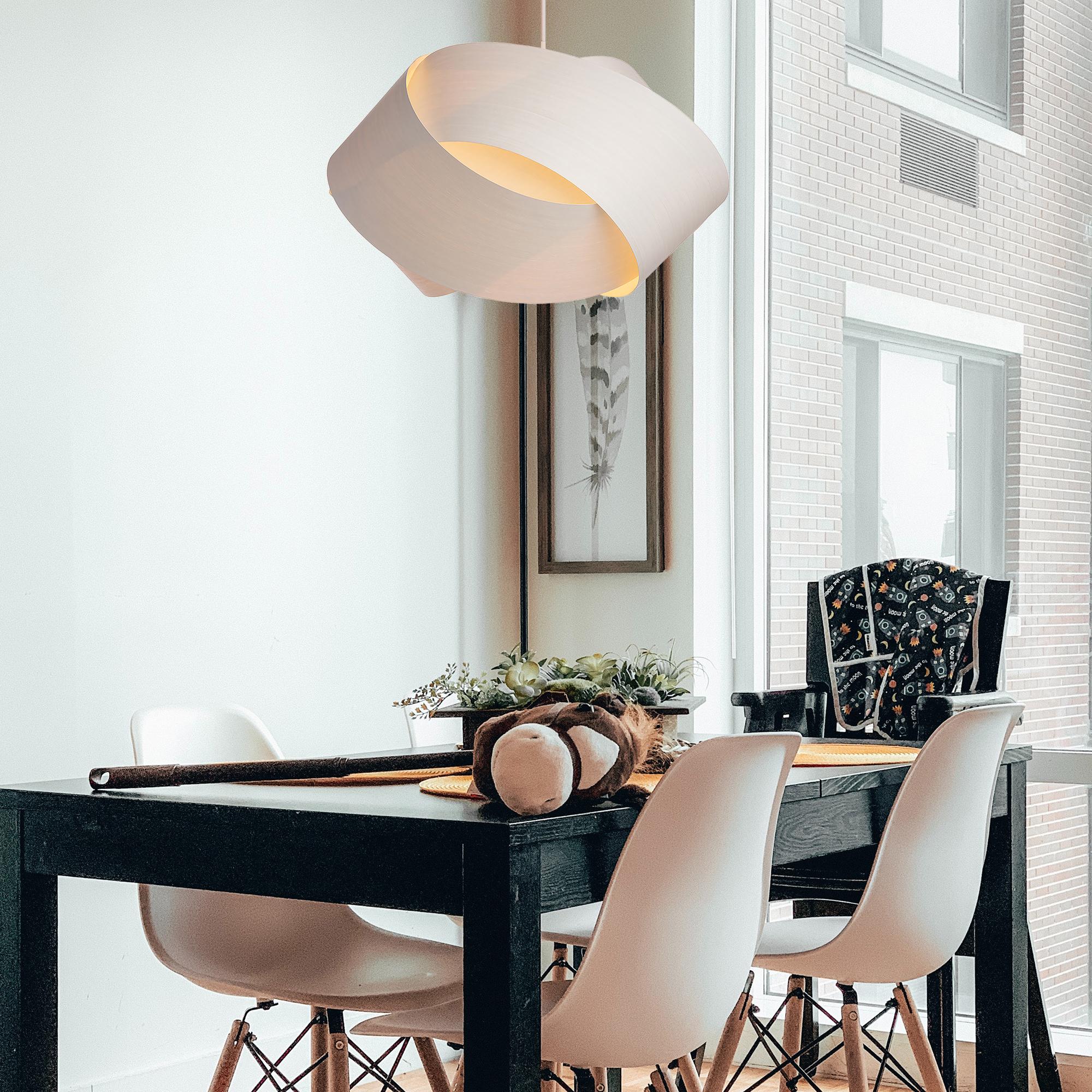 The Serene pendant light is a contemporary, Mid-Century Modern light fixture with a Scandinavian design and organic modern composition. This minimalist luxury wood veneer pendant design is the perfect way to add a touch of nature and elegance to