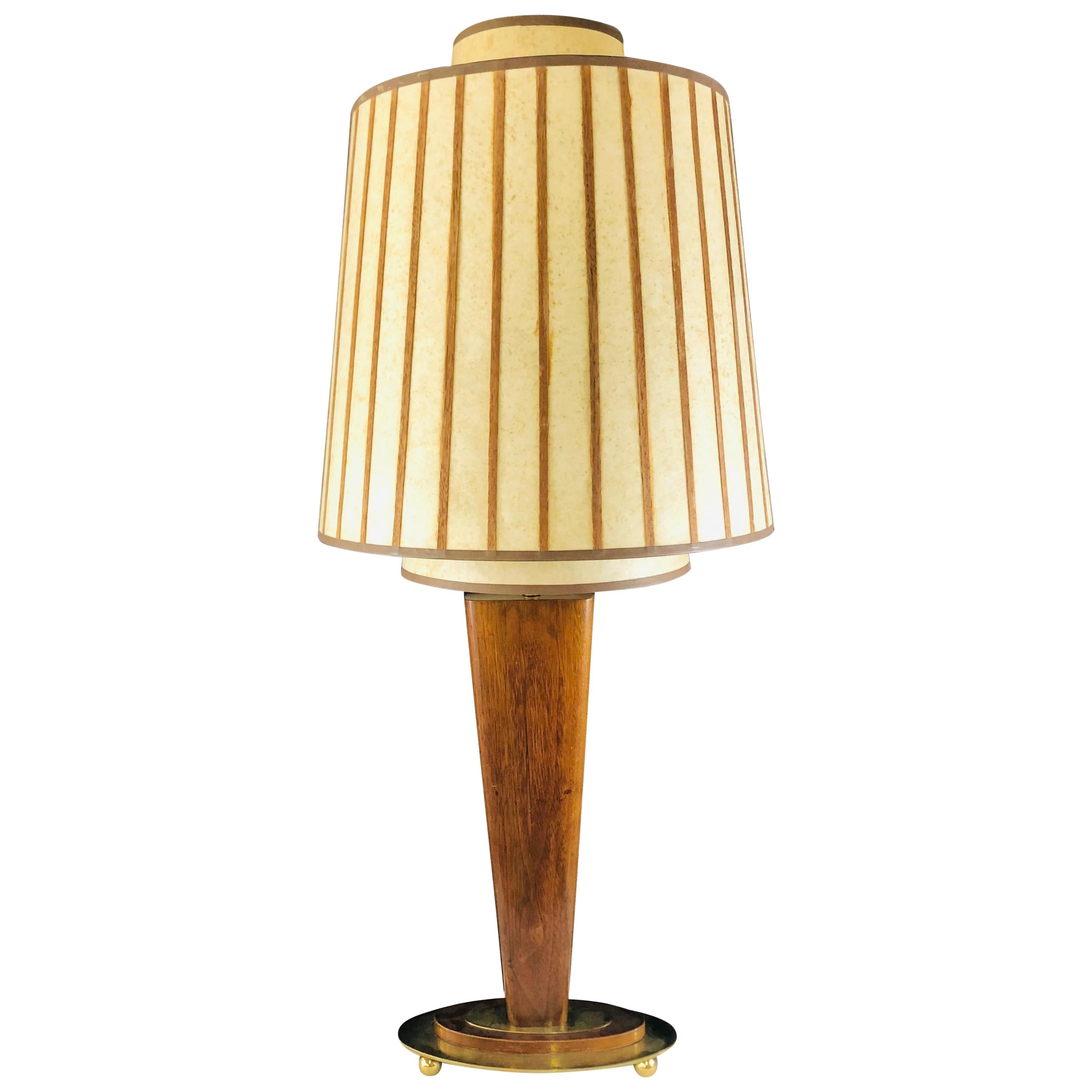 Mid-Century Modern Wood and Brass Base Table Lamp