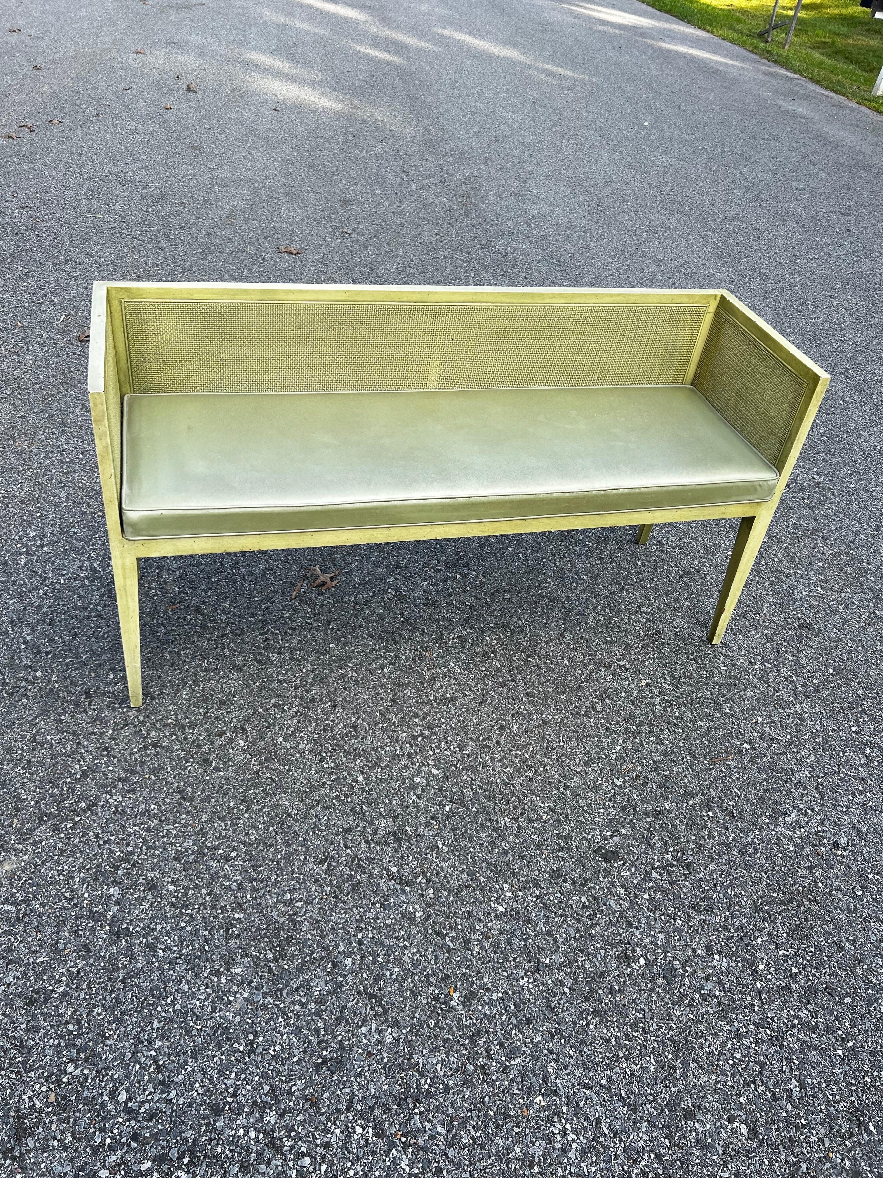 Hand-Crafted Mid-Century Modern Wood and Cane Green Naugahyde Bench