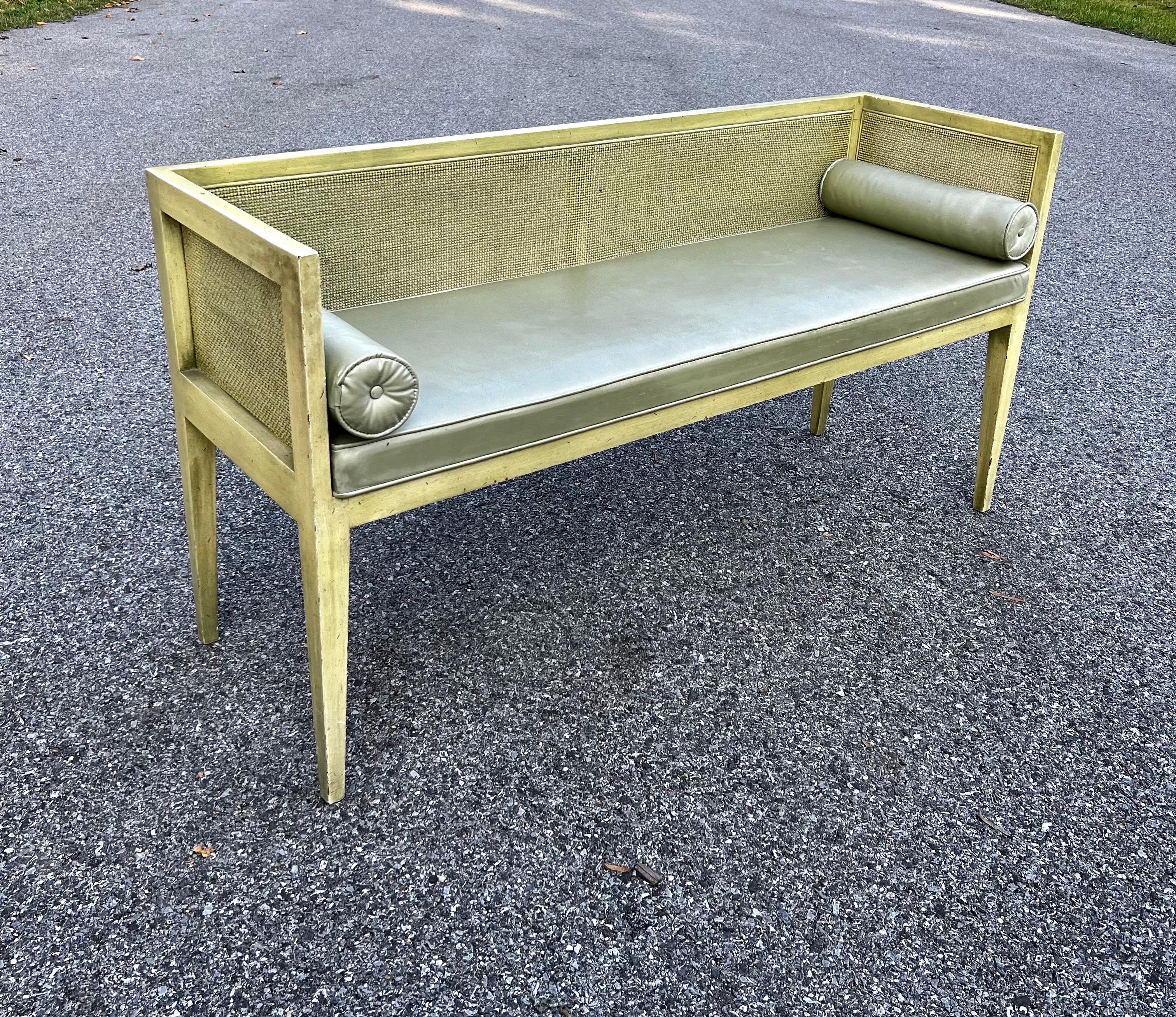 Mid-Century Modern Wood and Cane Green Naugahyde Bench In Good Condition In Fort Washington, MD