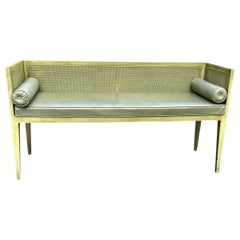 Mid-Century Modern Wood and Cane Green Naugahyde Bench
