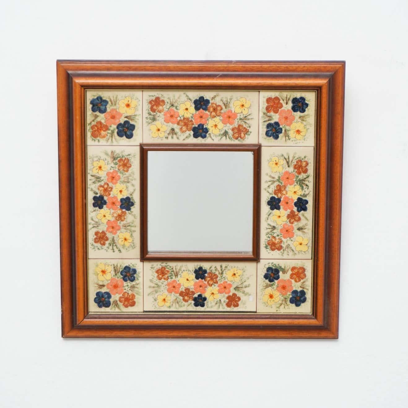 Mid-Century Modern Wood and Ceramic Rustic Mirror, circa 1970 For Sale 5