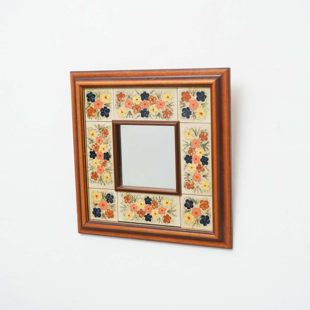 Mid-Century Modern Wood and Ceramic Rustic Mirror, circa 1970 For Sale 7