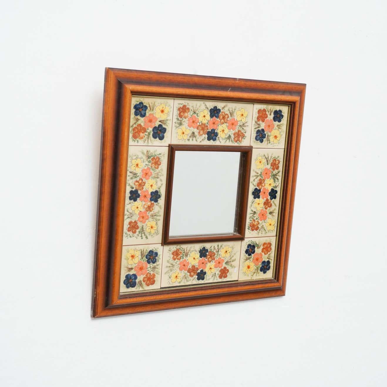Mid-Century Modern Wood and Ceramic Rustic Mirror, circa 1970 For Sale 8