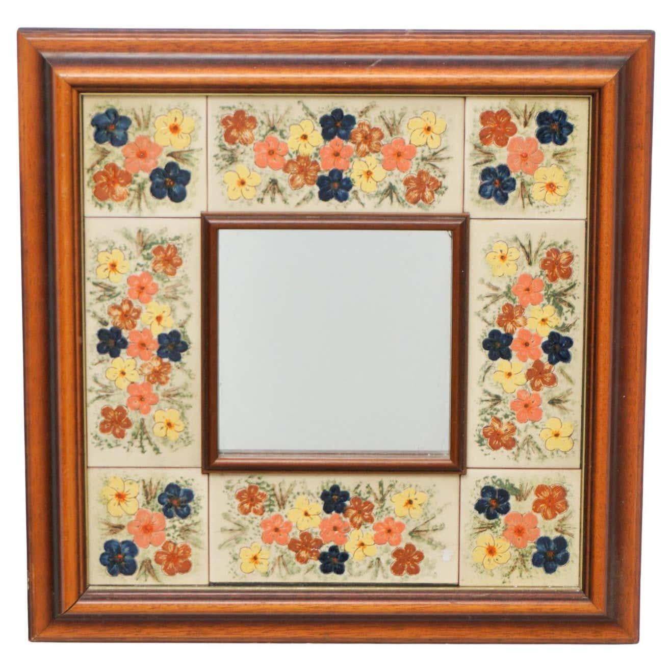 Mid-Century Modern Wood and Ceramic Rustic Mirror, circa 1970 For Sale 9
