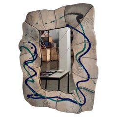 Mid-Century Modern Wood and Ceramic Rustic Mirror, circa 1970