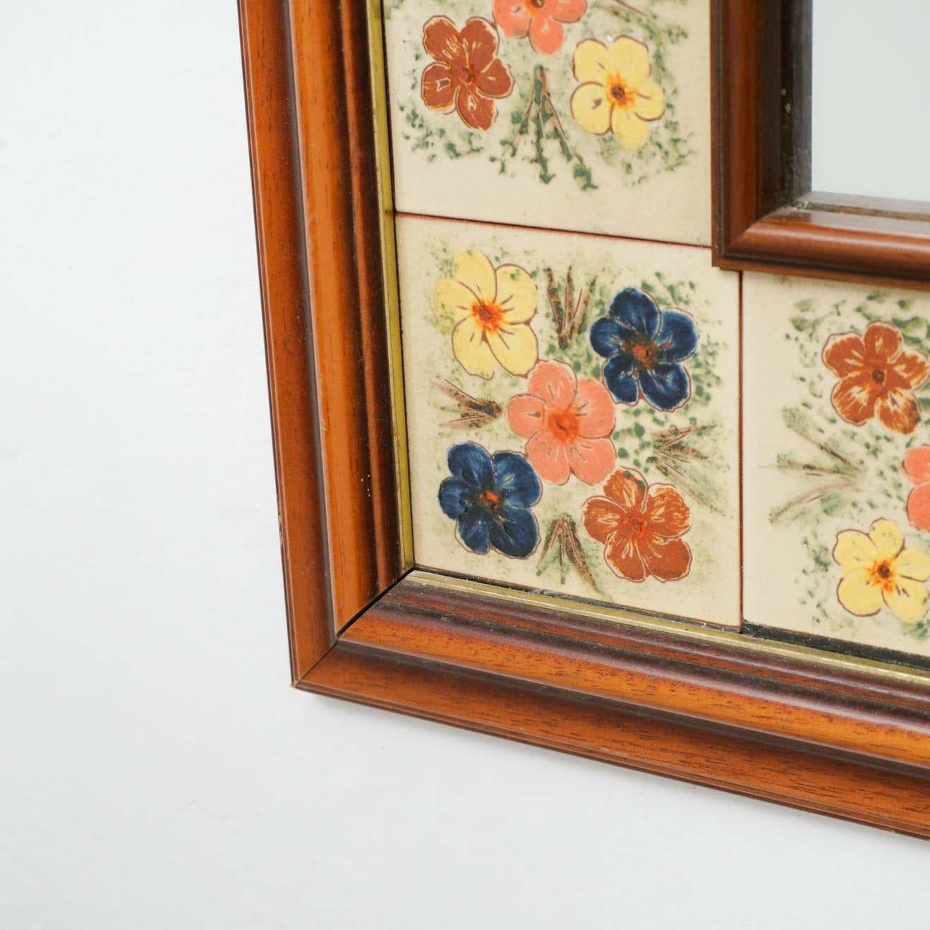 Spanish Mid-Century Modern Wood and Ceramic Rustic Mirror, circa 1970 For Sale
