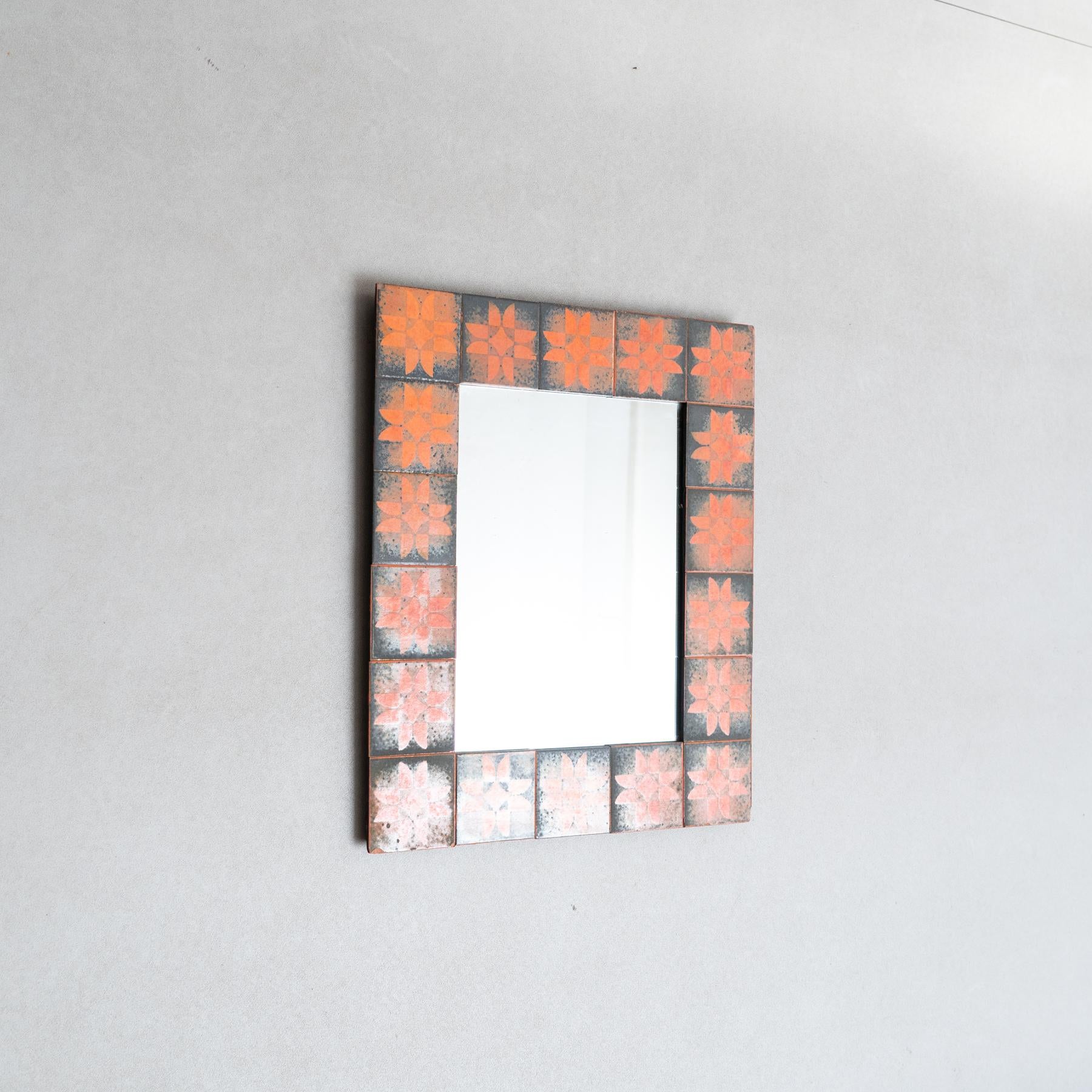 Spanish Mid-Century Modern Wood and Ceramic Rustic Mirror, circa 1970 For Sale