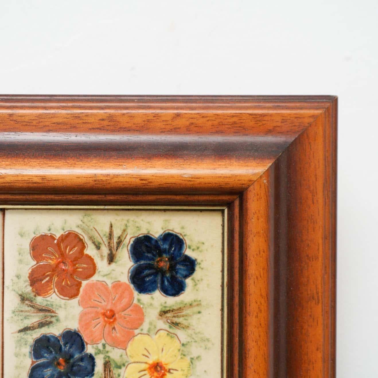 Mid-Century Modern Wood and Ceramic Rustic Mirror, circa 1970 In Good Condition For Sale In Barcelona, ES