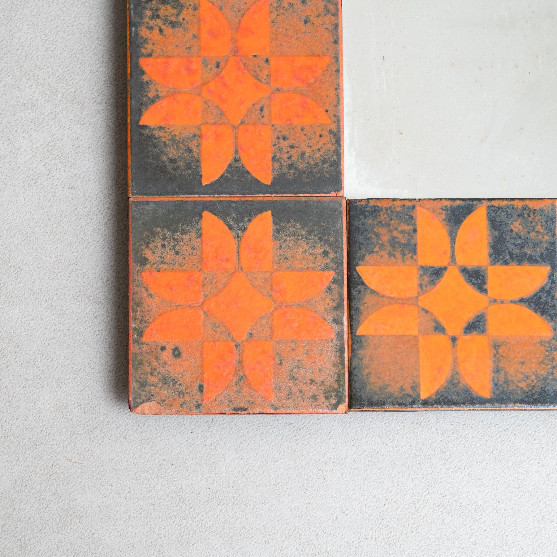 Late 20th Century Mid-Century Modern Wood and Ceramic Rustic Mirror, circa 1970 For Sale