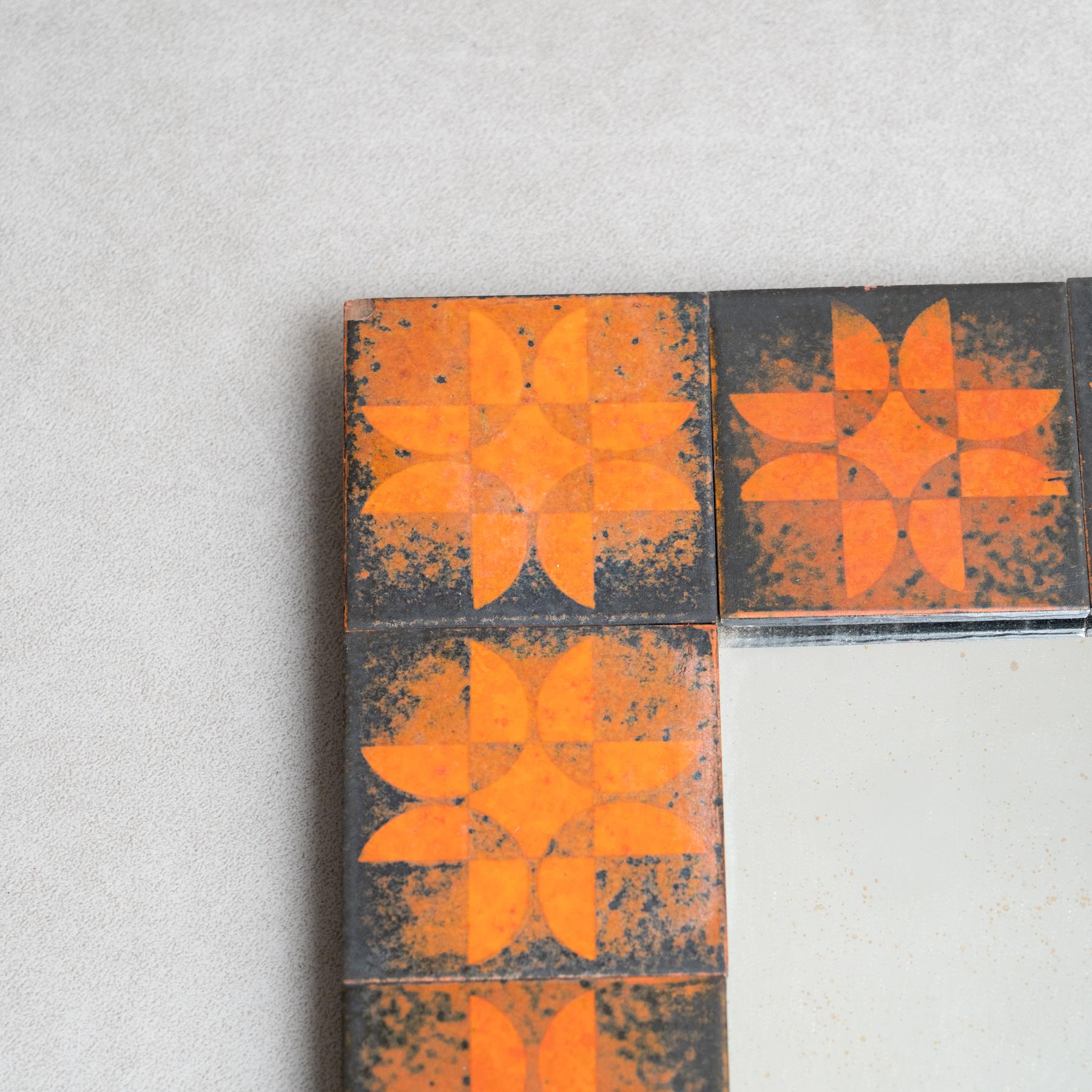 Mid-Century Modern Wood and Ceramic Rustic Mirror, circa 1970 For Sale 1