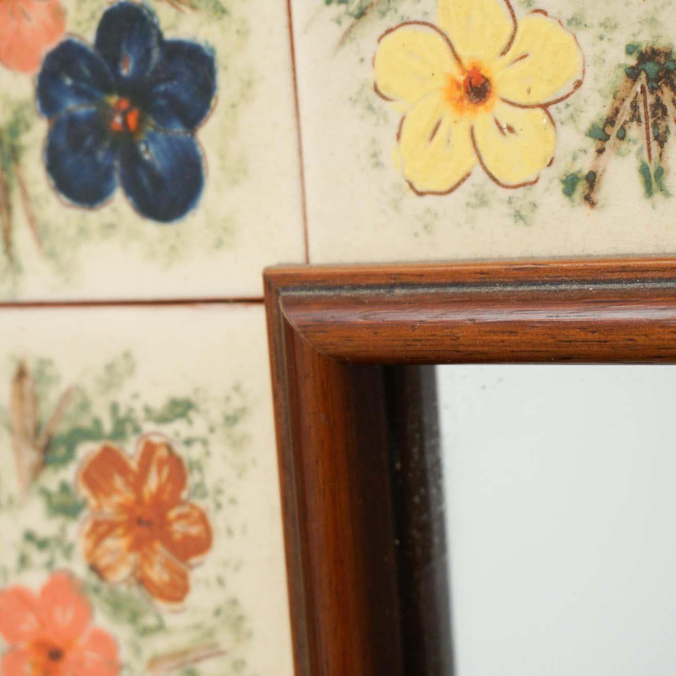 Mid-Century Modern Wood and Ceramic Rustic Mirror, circa 1970 For Sale 2