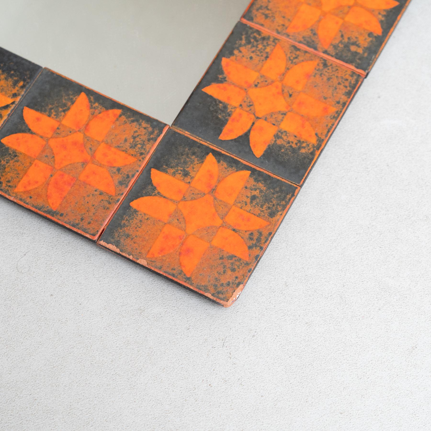 Mid-Century Modern Wood and Ceramic Rustic Mirror, circa 1970 For Sale 3