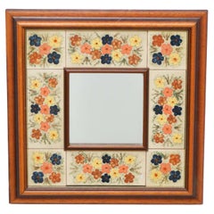 Specchio rustico in legno e ceramica della modernità di metà secolo, circa 1970