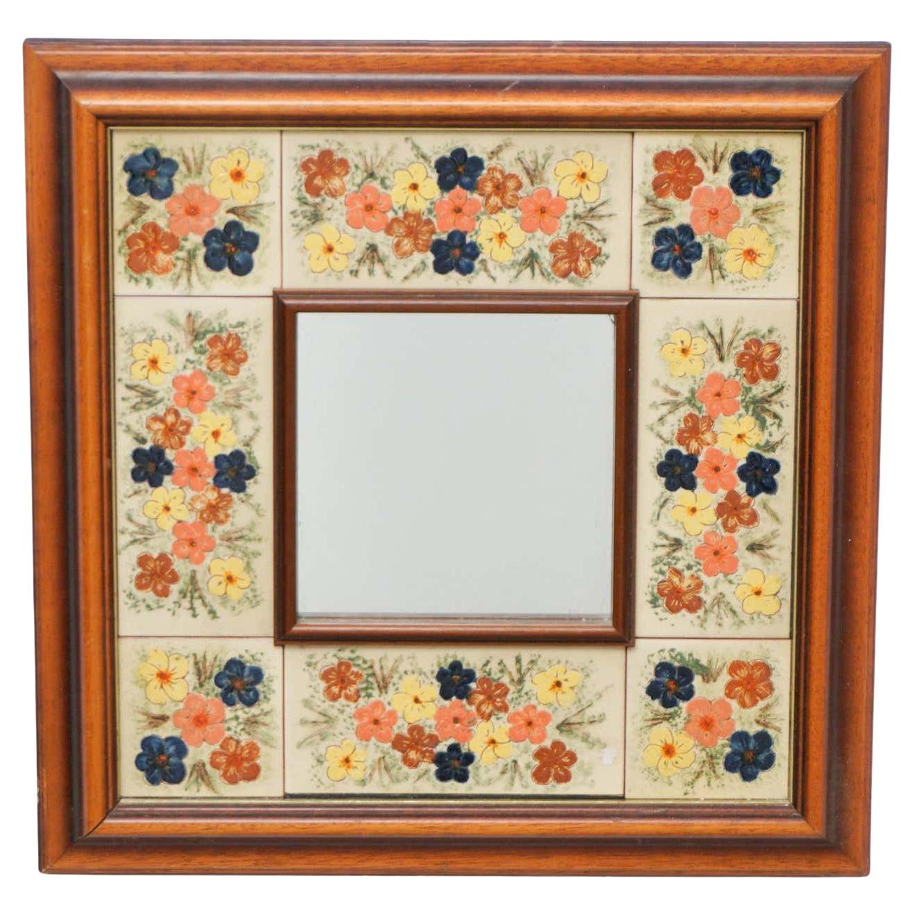 Mid-Century Modern Wood and Ceramic Rustic Mirror, circa 1970 For Sale