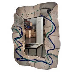 Mid-Century Modern Wood and Ceramic Rustic Mirror, circa 1970