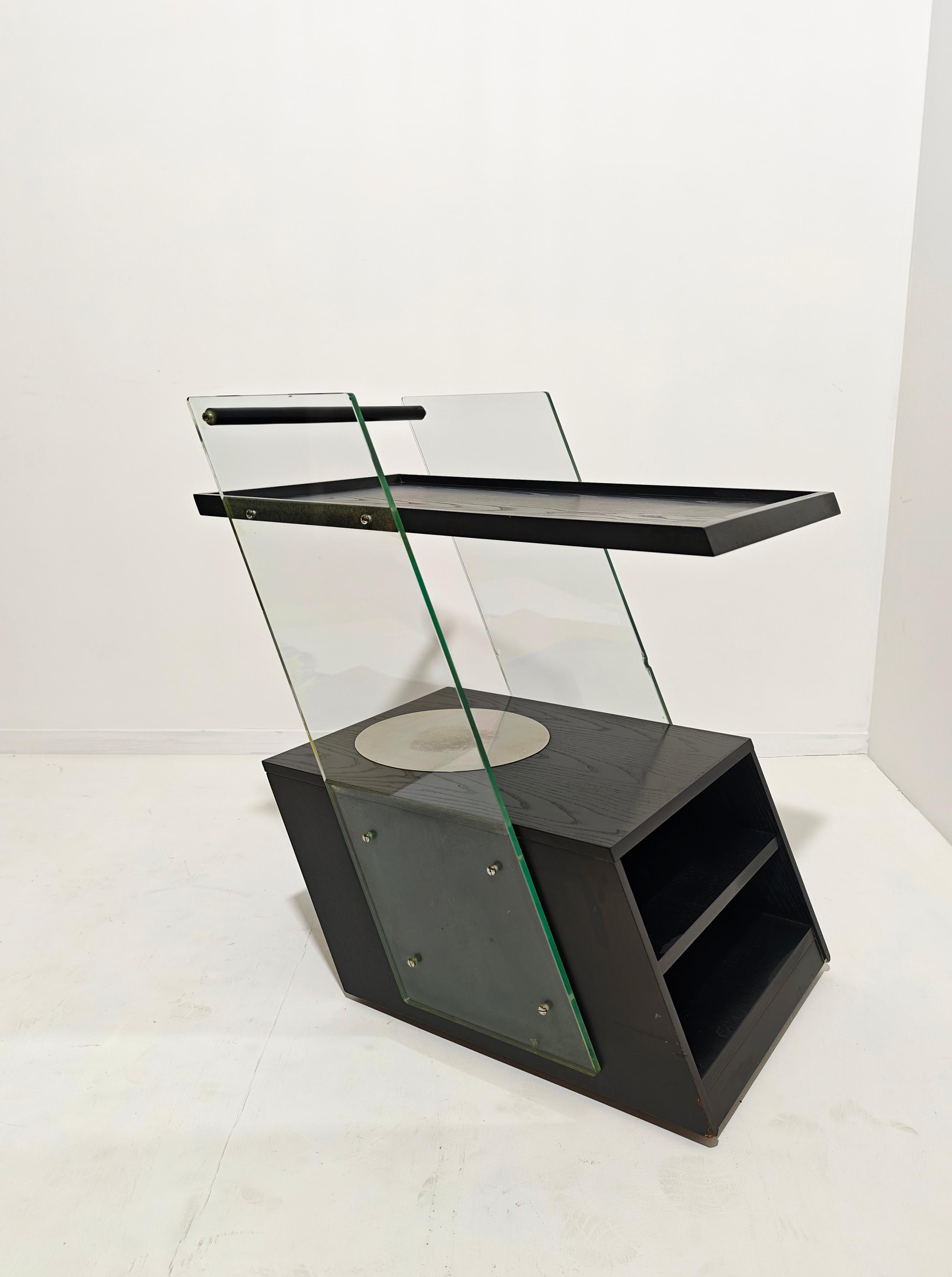 Mid-Century Modern Holz und Glas Rolling Bar Cart Design Italien 1970er Jahre im Angebot 7