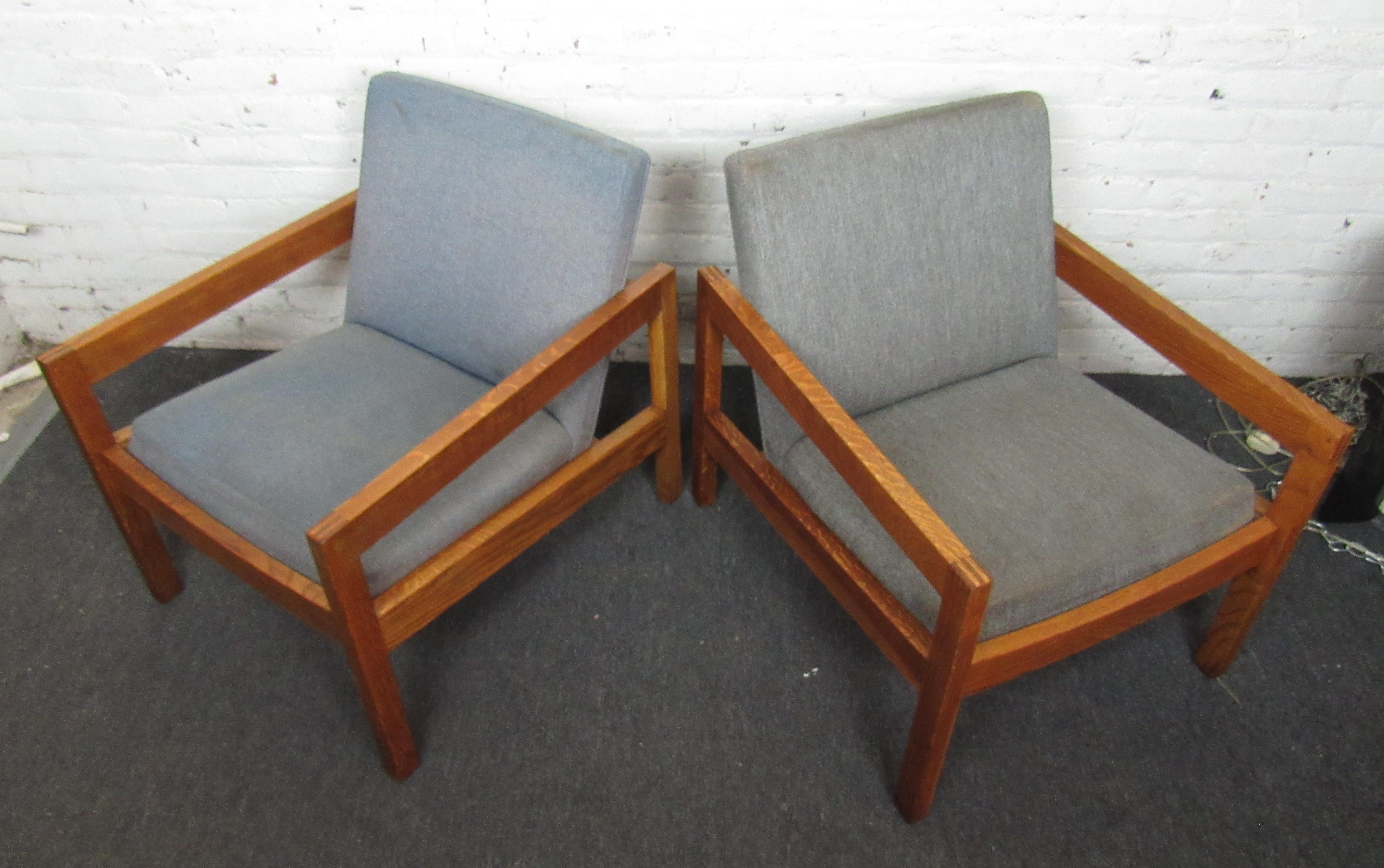 Mid-Century Modern Wood and Light Blue Fabric Lounge Chairs In Good Condition In Brooklyn, NY