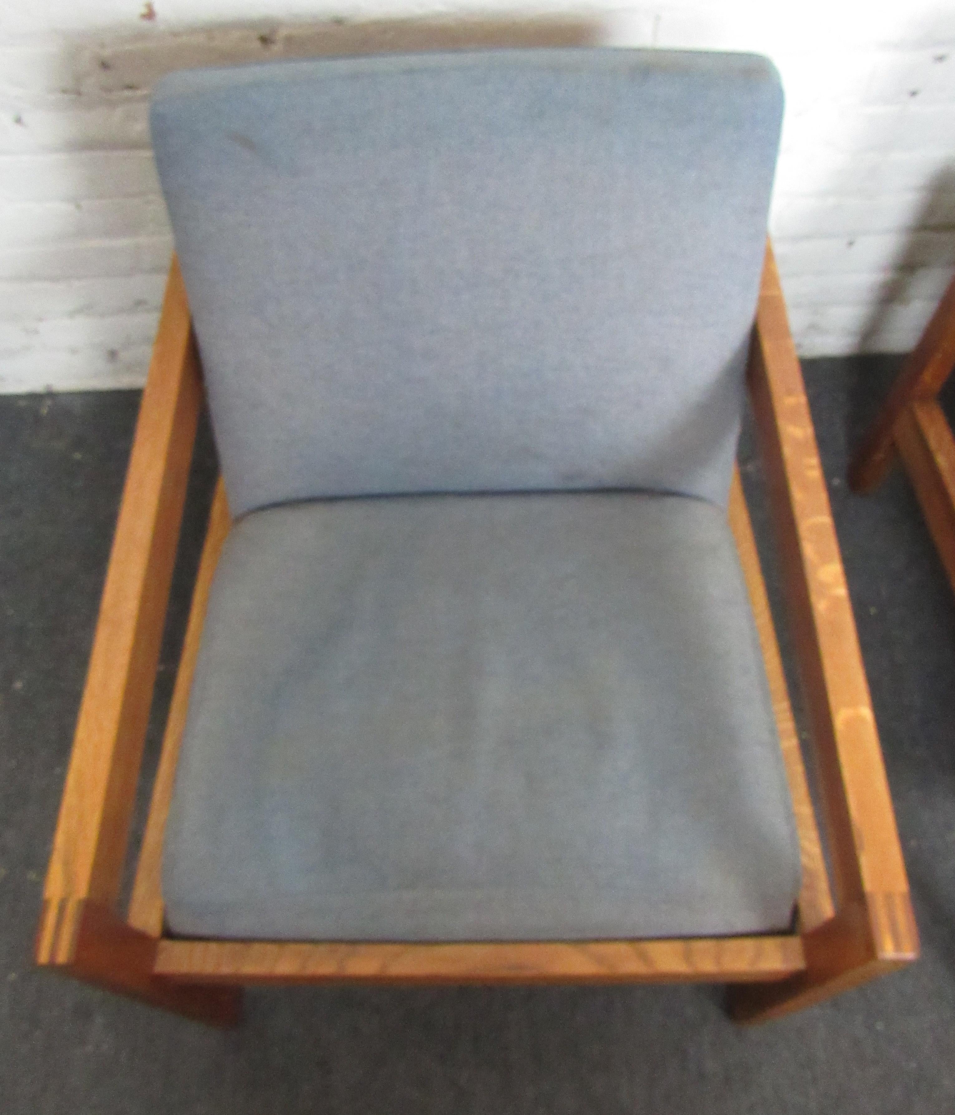Mid-20th Century Mid-Century Modern Wood and Light Blue Fabric Lounge Chairs