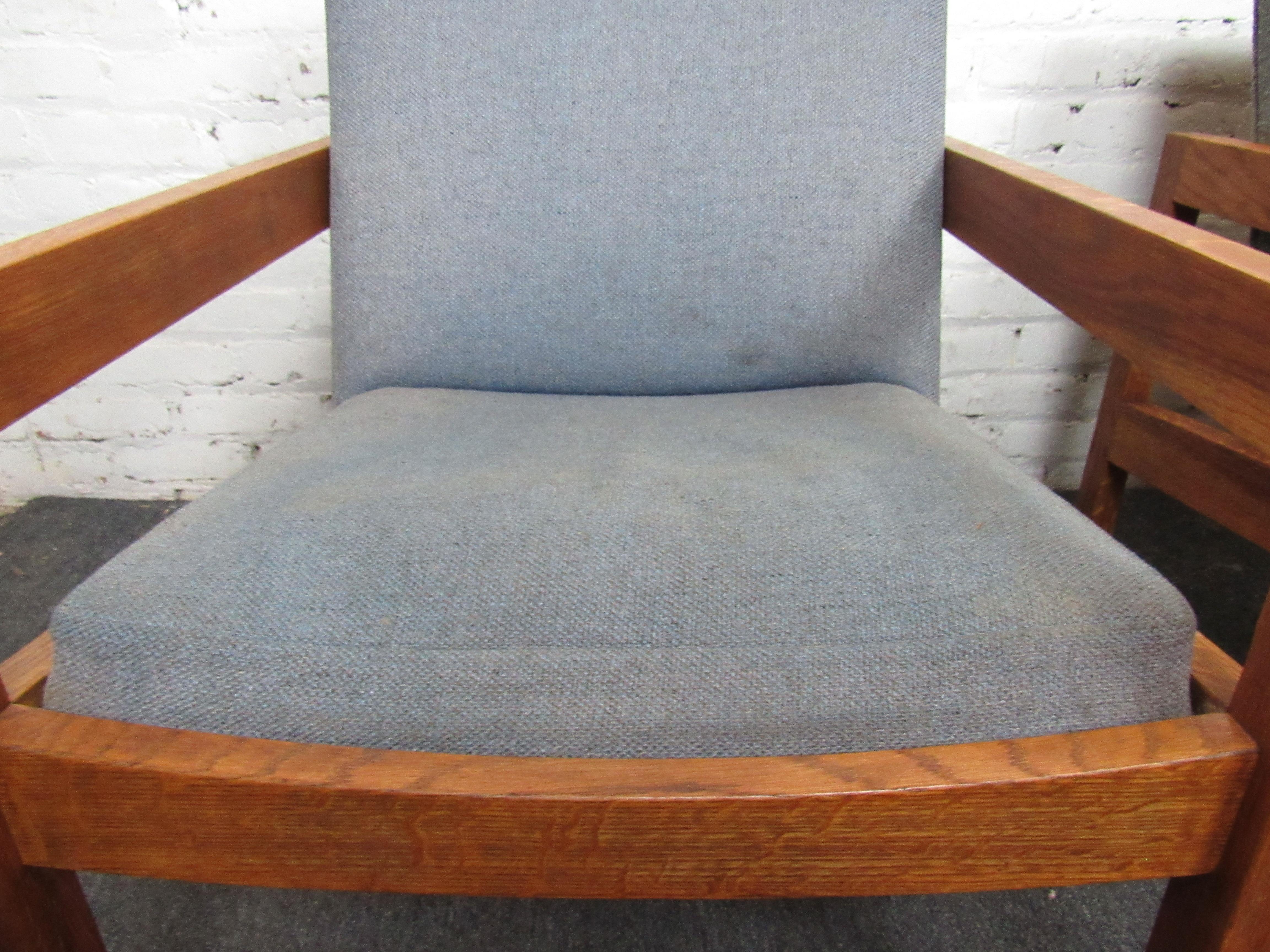 Mid-Century Modern Wood and Light Blue Fabric Lounge Chairs 2