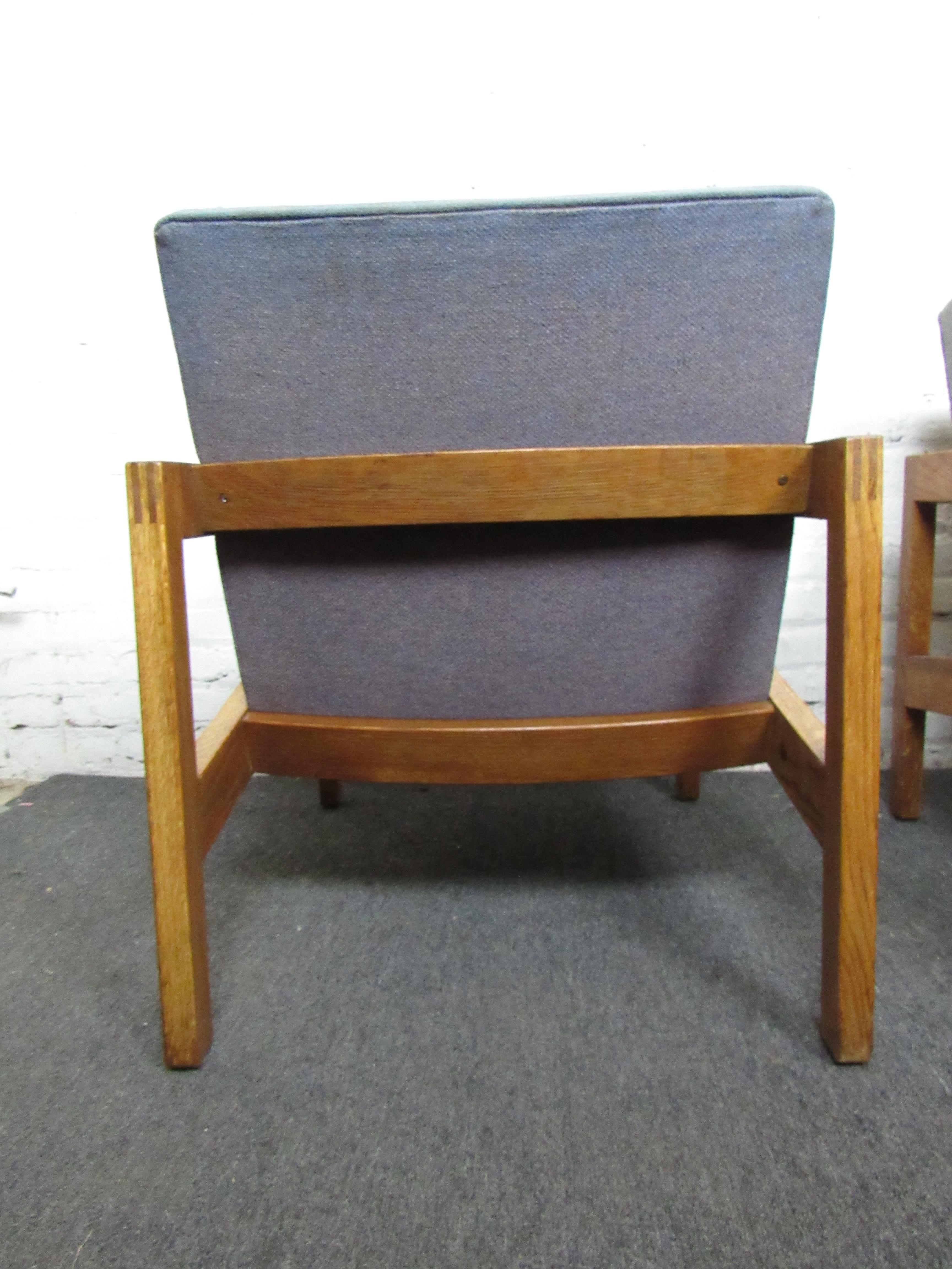 Mid-Century Modern Wood and Light Blue Fabric Lounge Chairs 4