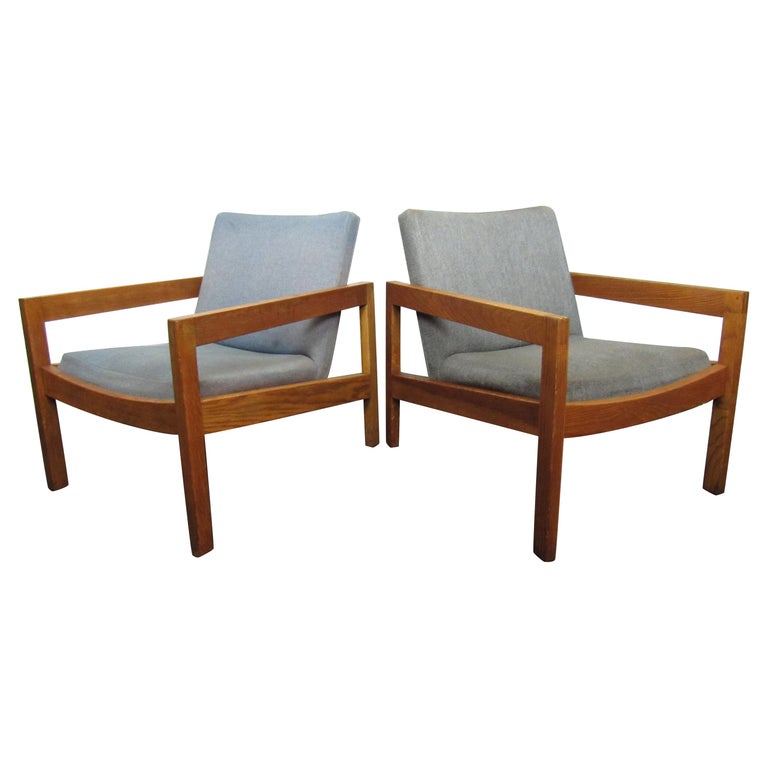 MidCentury Modern Wood and Light Blue Fabric Lounge Chairs For Sale at