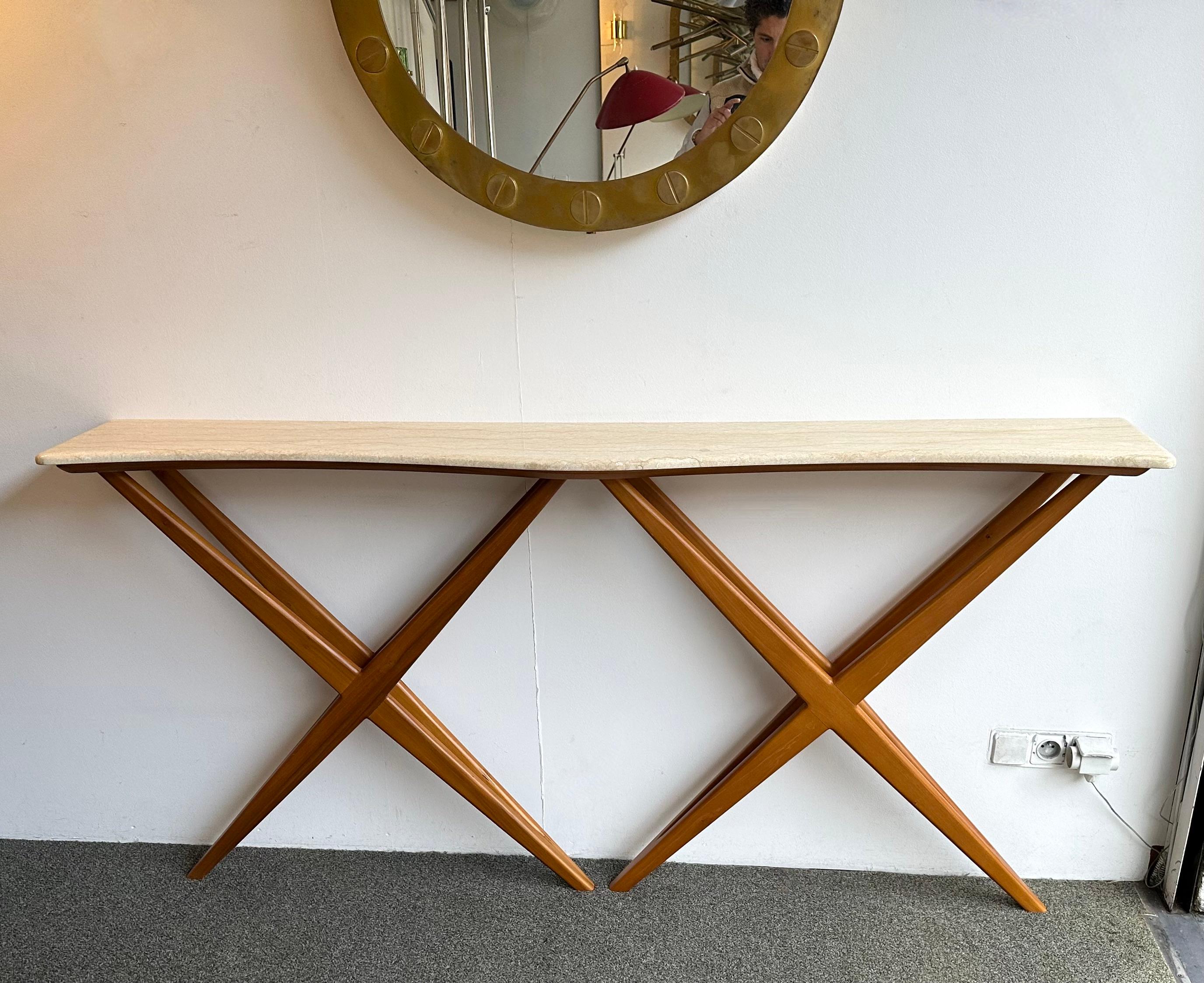 Table console en bois et marbre de style mi-siècle moderne. Italie Bon état à SAINT-OUEN, FR