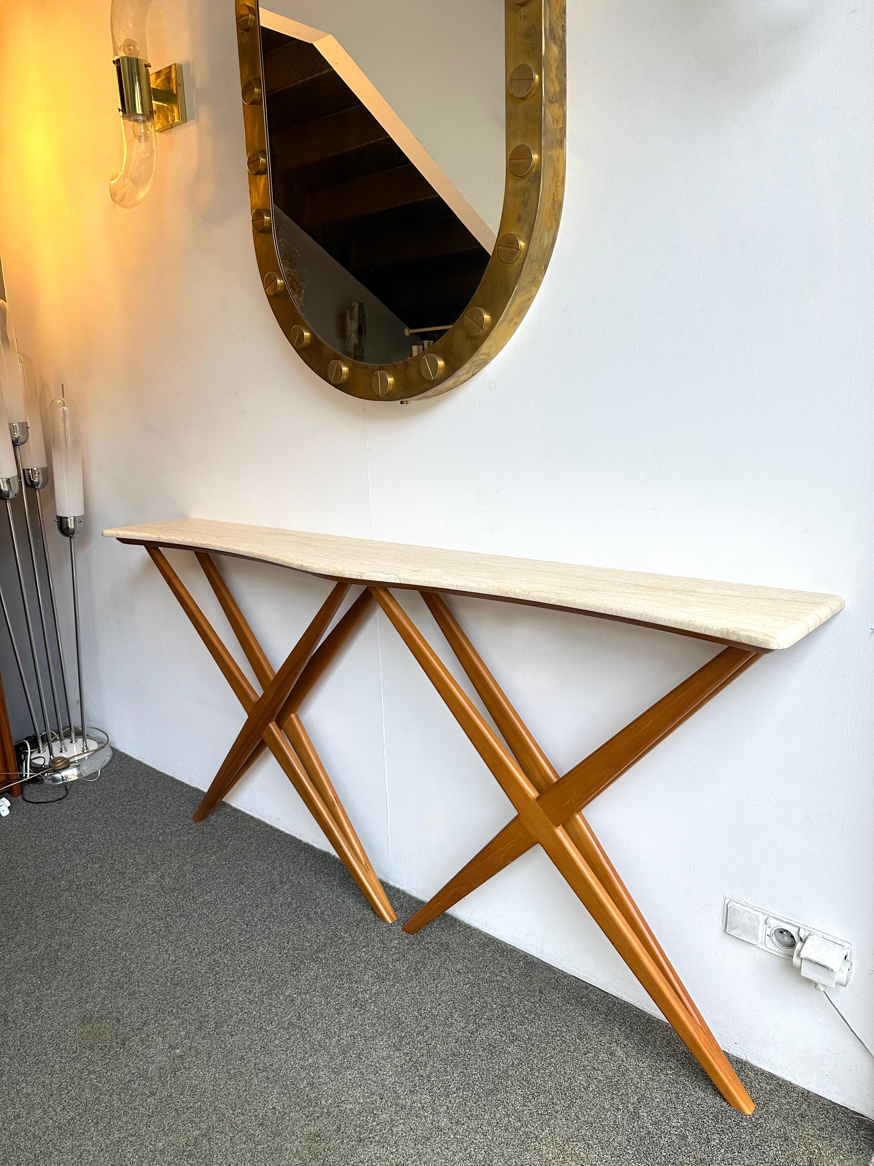 Mid-Century Modern Wood and Marble Wave Console Table. Italy 1