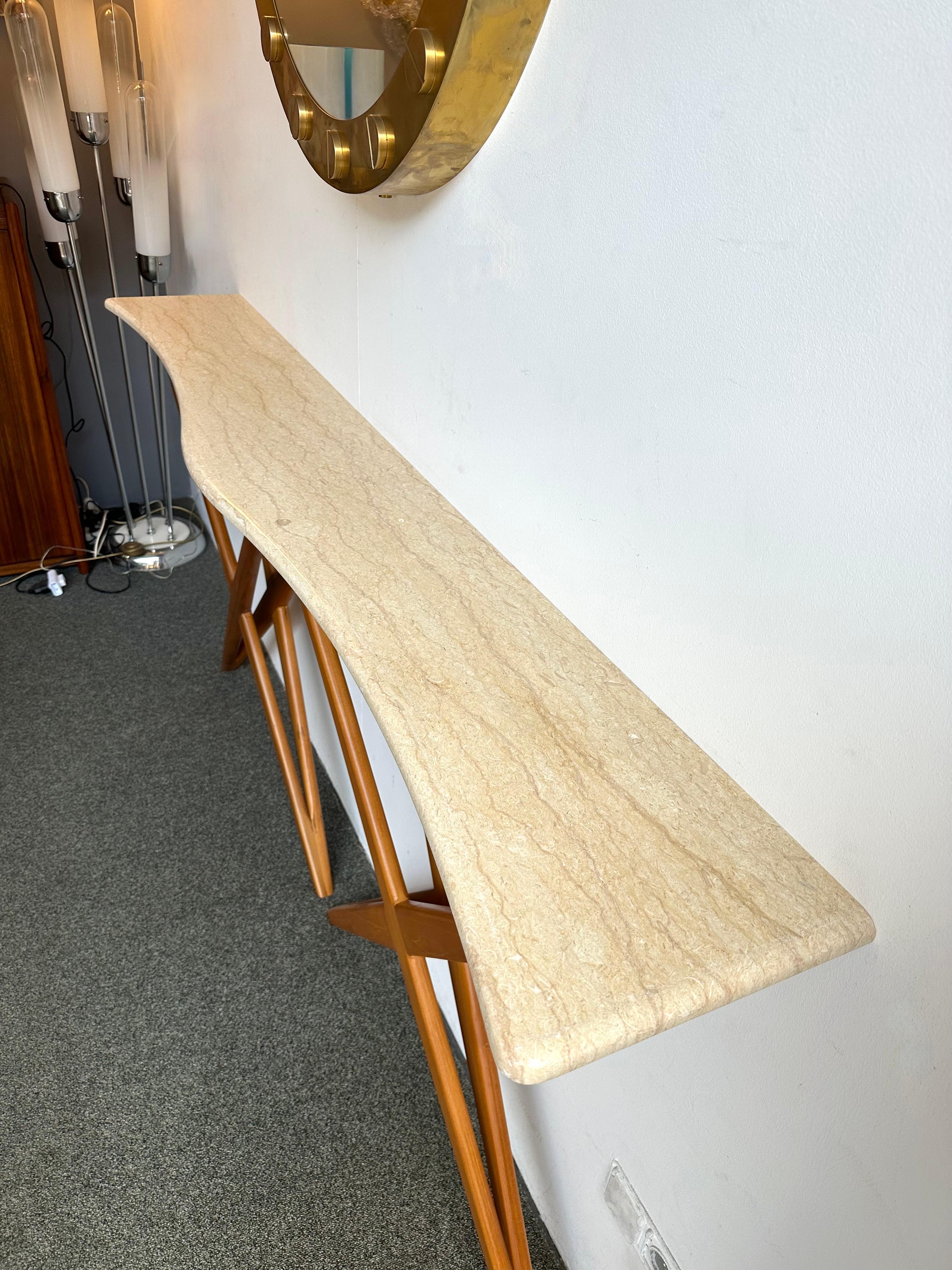Mid-Century Modern Wood and Marble Wave Console Table. Italy 2