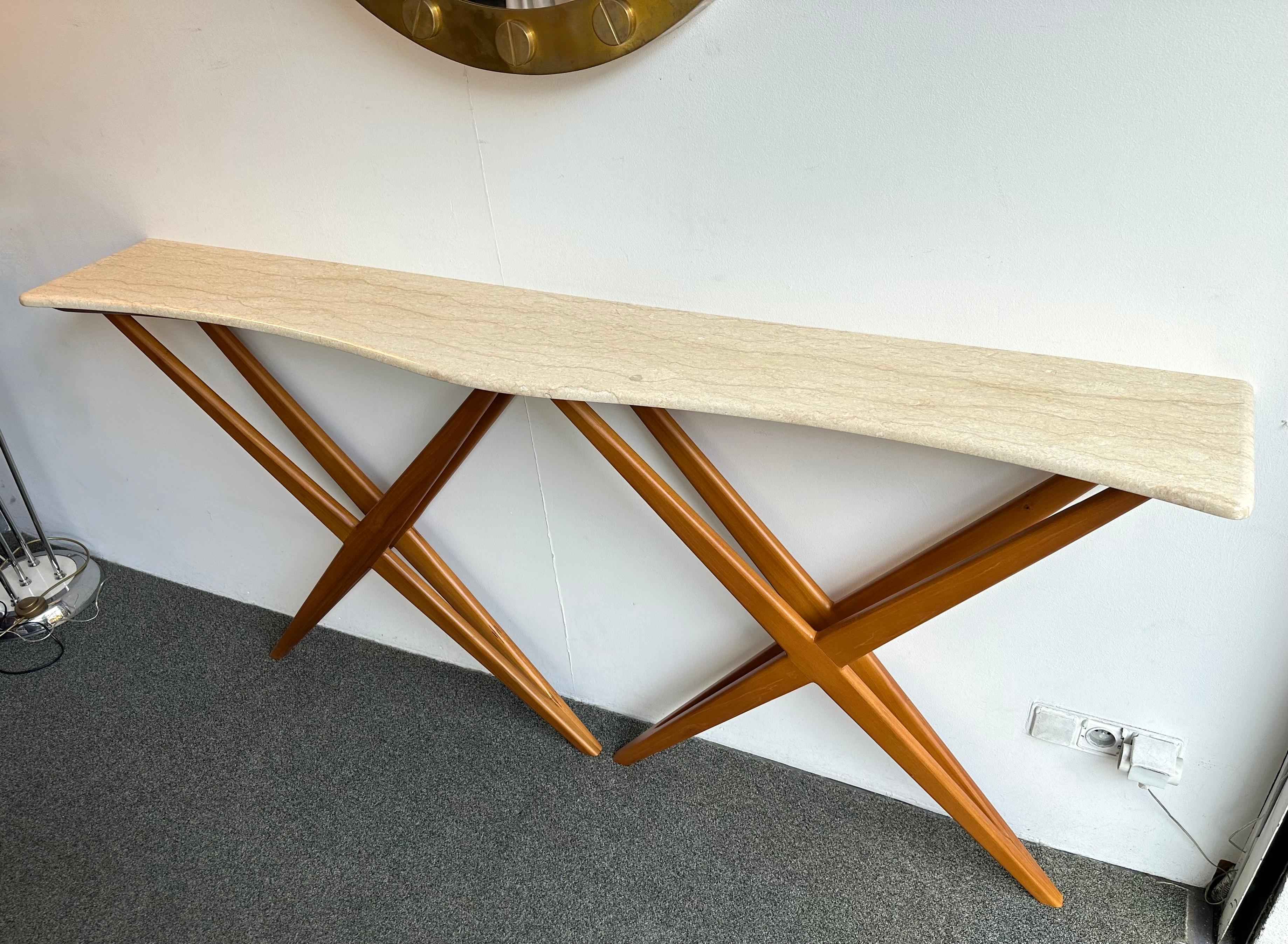 Mid-Century Modern Wood and Marble Wave Console Table. Italy 4
