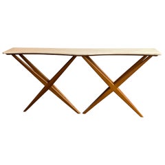 Table console en bois et marbre de style mi-siècle moderne. Italie