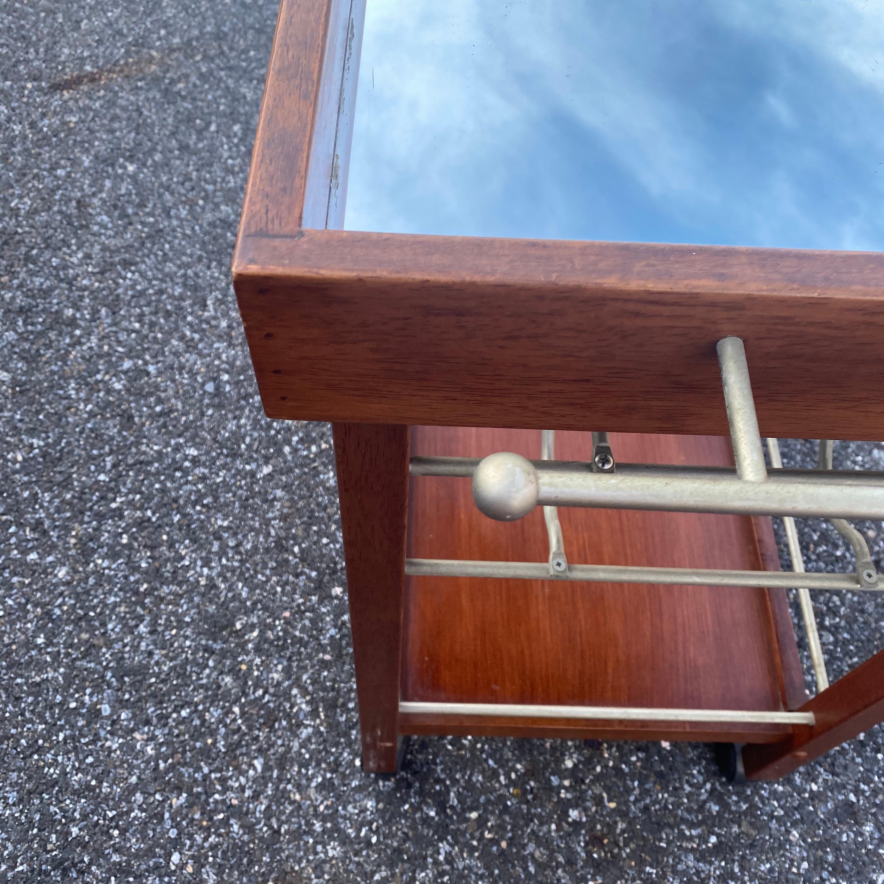 20th Century Mid-Century Modern Wood And Mirror Top Bar Cart Trolley