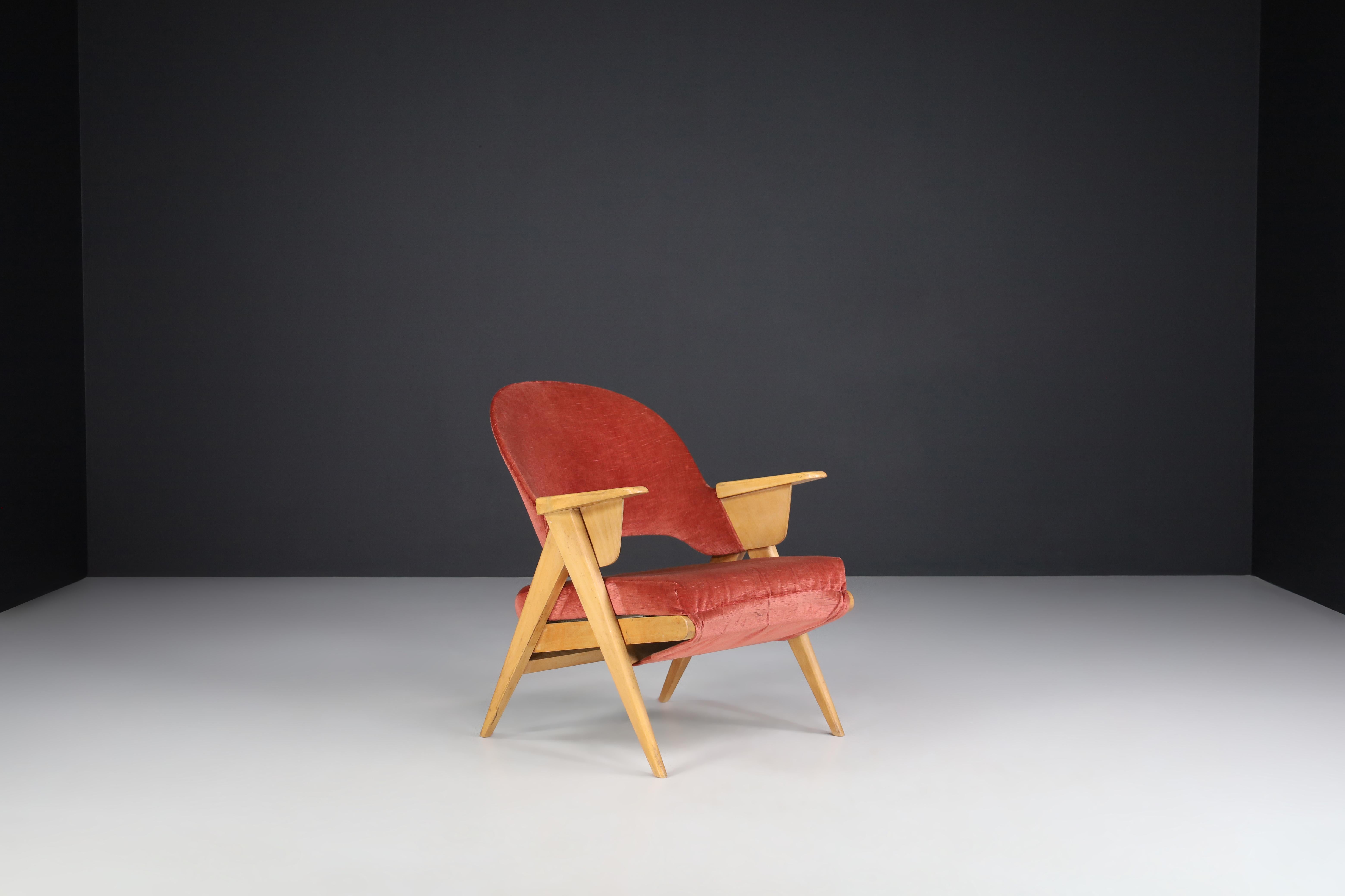 French Mid-Century Modern Wood and Original Velvet Lounge Chair made in France, 1950s For Sale