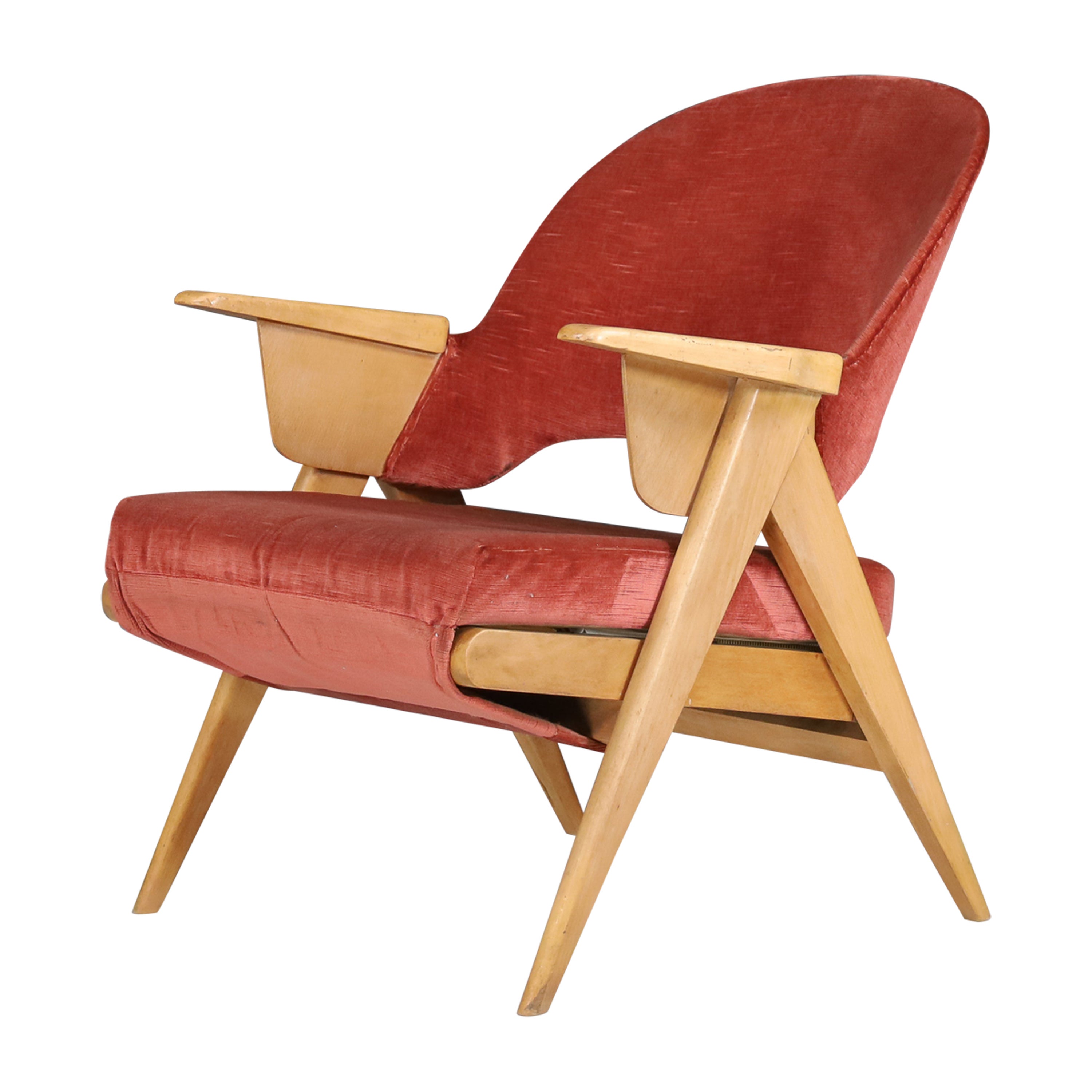 Silla de salón moderna de mediados de siglo de madera y terciopelo original fabricada en Francia, años 50