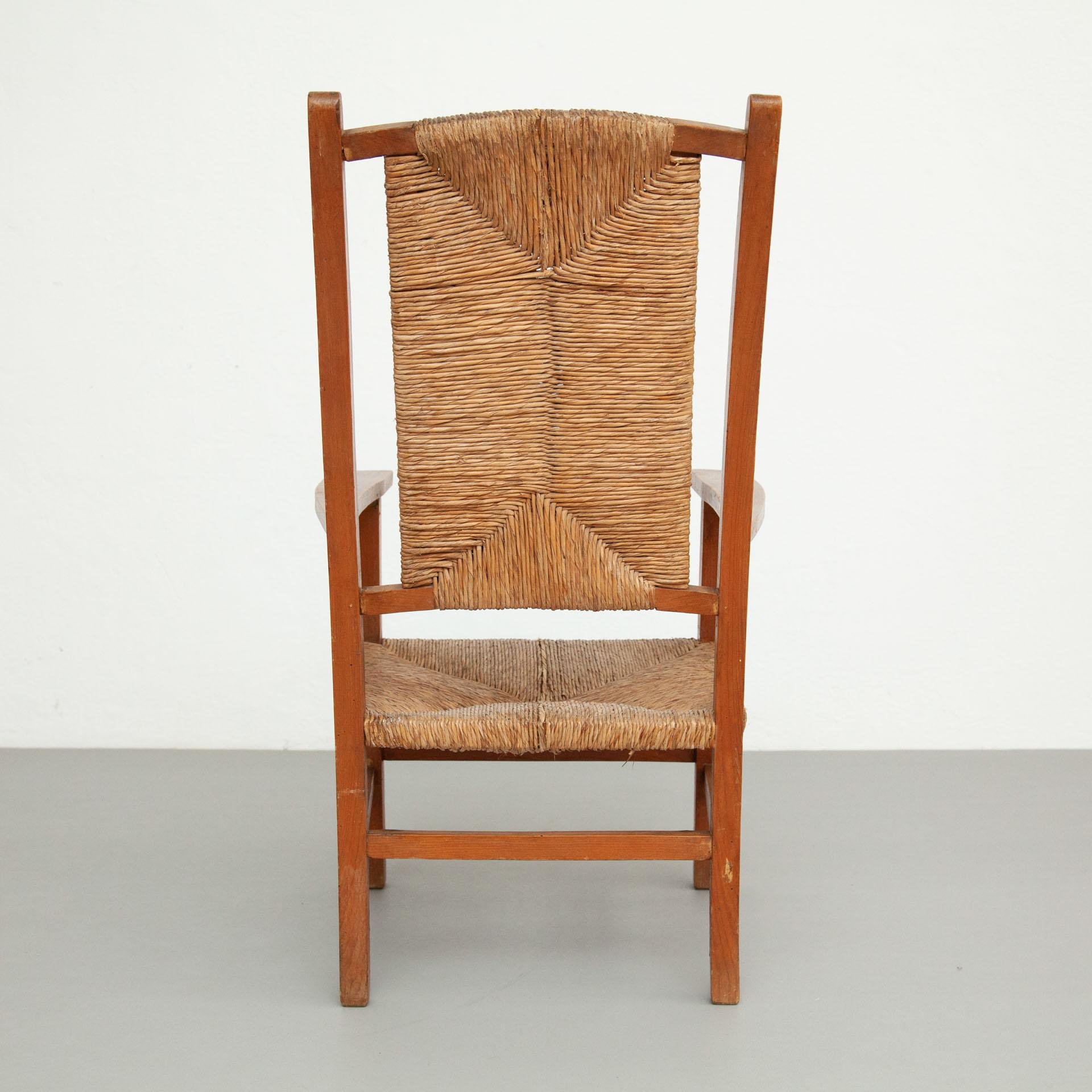 French Mid-Century Modern Wood and Rattan Chair, circa 1940