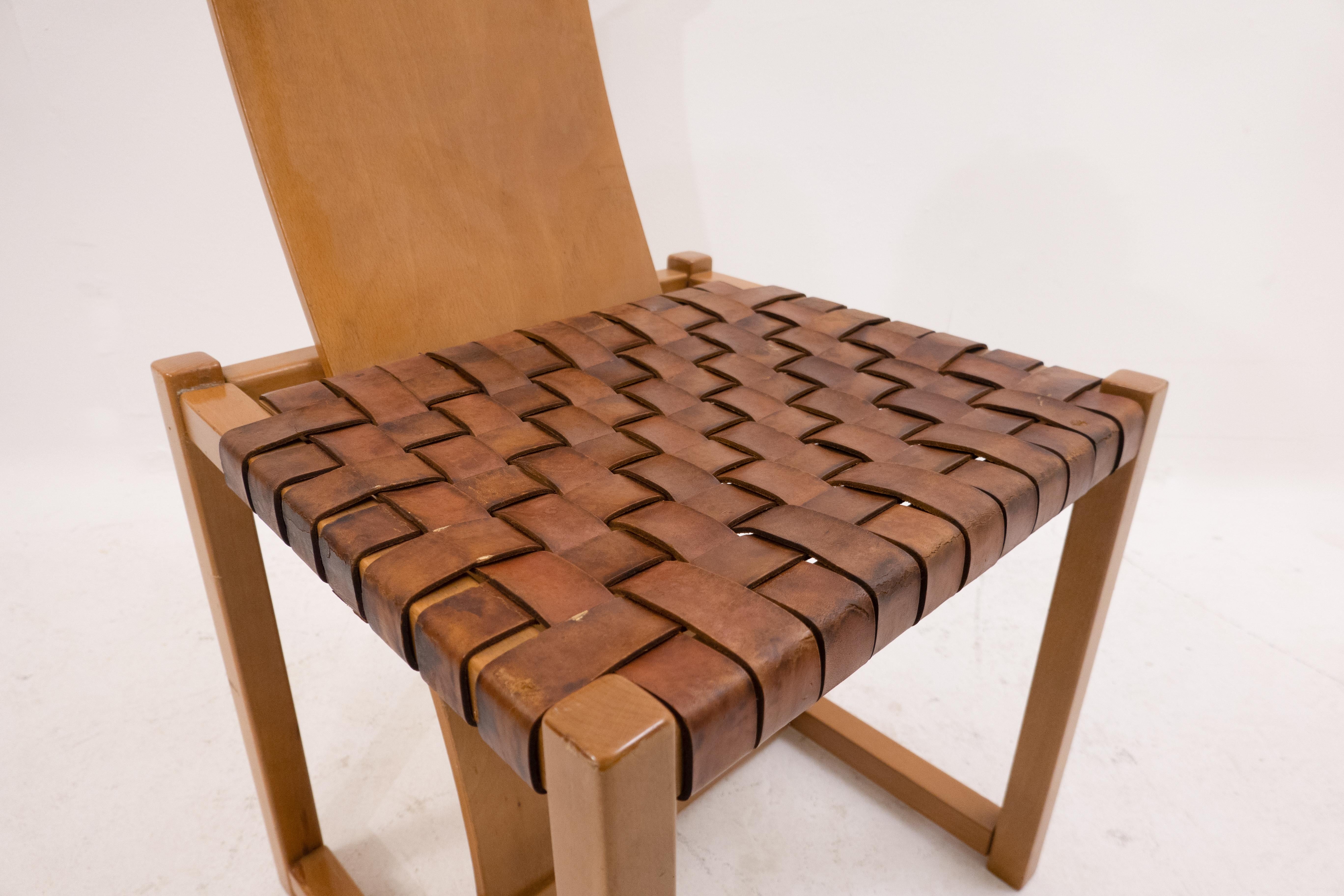 Mid-Century Modern Wood and Woven Leather Chair Attributed to Alvar Aalto, 1950 3
