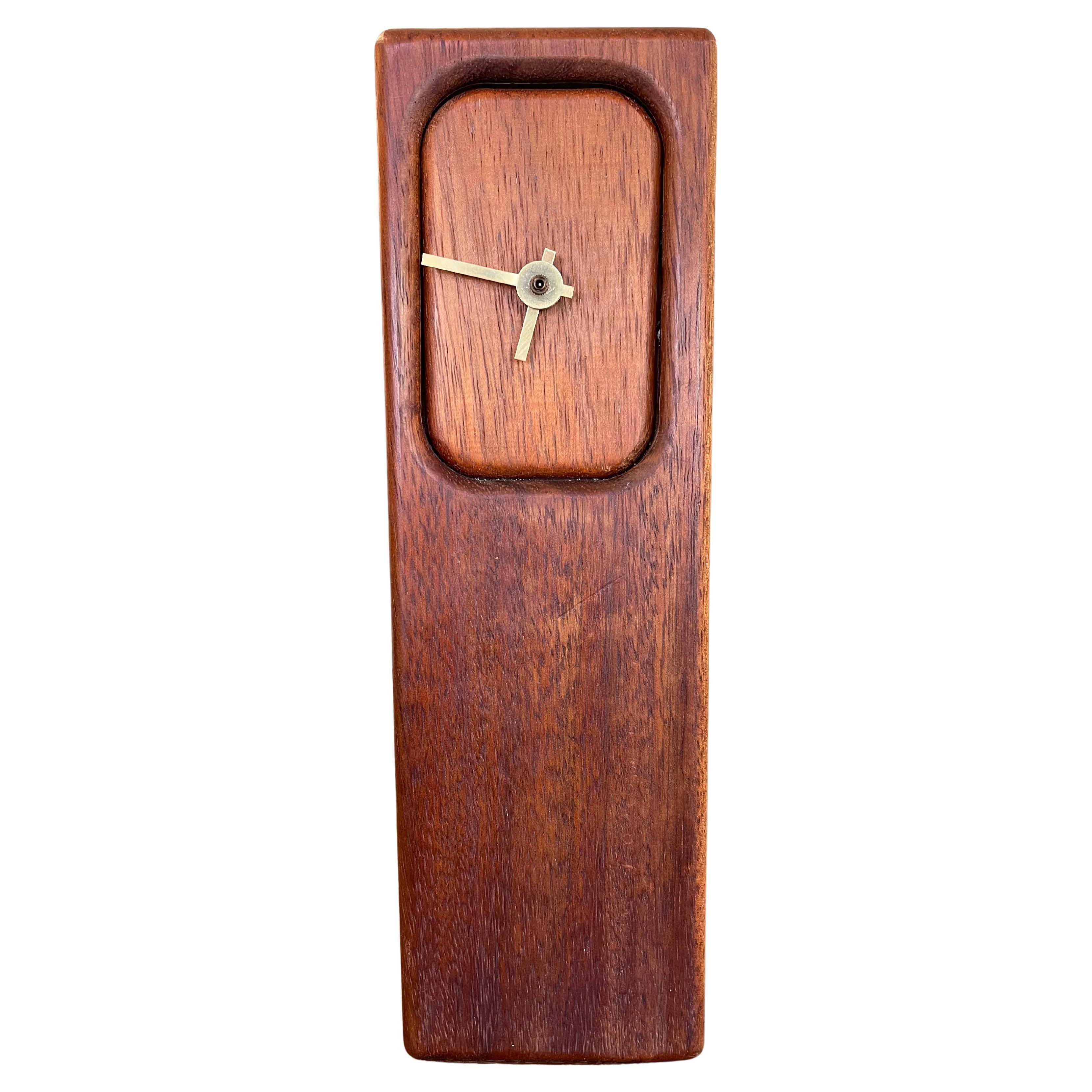 Mid-Century Modern Wood Block Clock with Brass Toned Hands