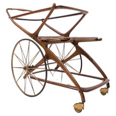 Chariot en bois, laiton et verre moderne du milieu du siècle avec plateau amovible, Italie, 1950